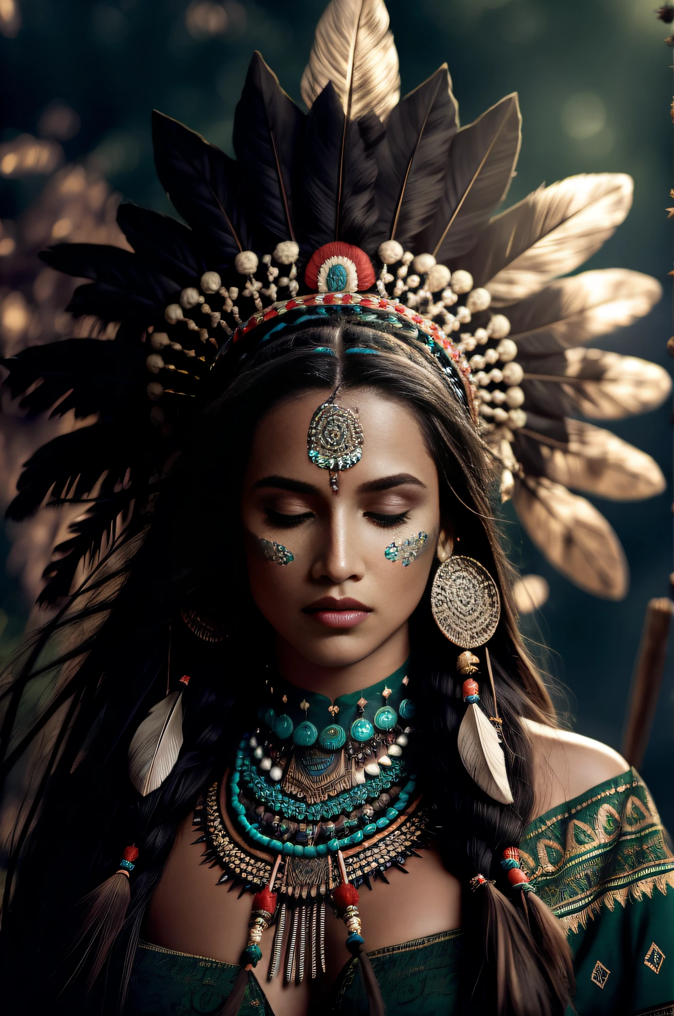 (full portrait), (half shot), solo, detailed background, detailed face, (stonepunkAI, stone theme:1.1), wise, (female), (native american), (beautiful hair, braids:0.2), shaman, septum piercing, mystical, (gorgeous face), stunning, head tilted upwards, (eyes closed, serene expression), calm, meditating, Seafoam Green frayed clothes, prayer beads, tribal jewelry, feathers in hair, headdress:0.33, jade, obsidian, detailed clothing, cleavage, realistic skin texture, (floating particles, water swirling, embers, ritual, whirlwind, wind:1.2), sharp focus, volumetric lighting, good highlights, good shading, subsurface scattering, intricate, highly detailed, ((cinematic)), dramatic, (highest quality, award winning, masterpiece:1.5), (photorealistic:1.5), (intricate symmetrical warpaint:0.5),