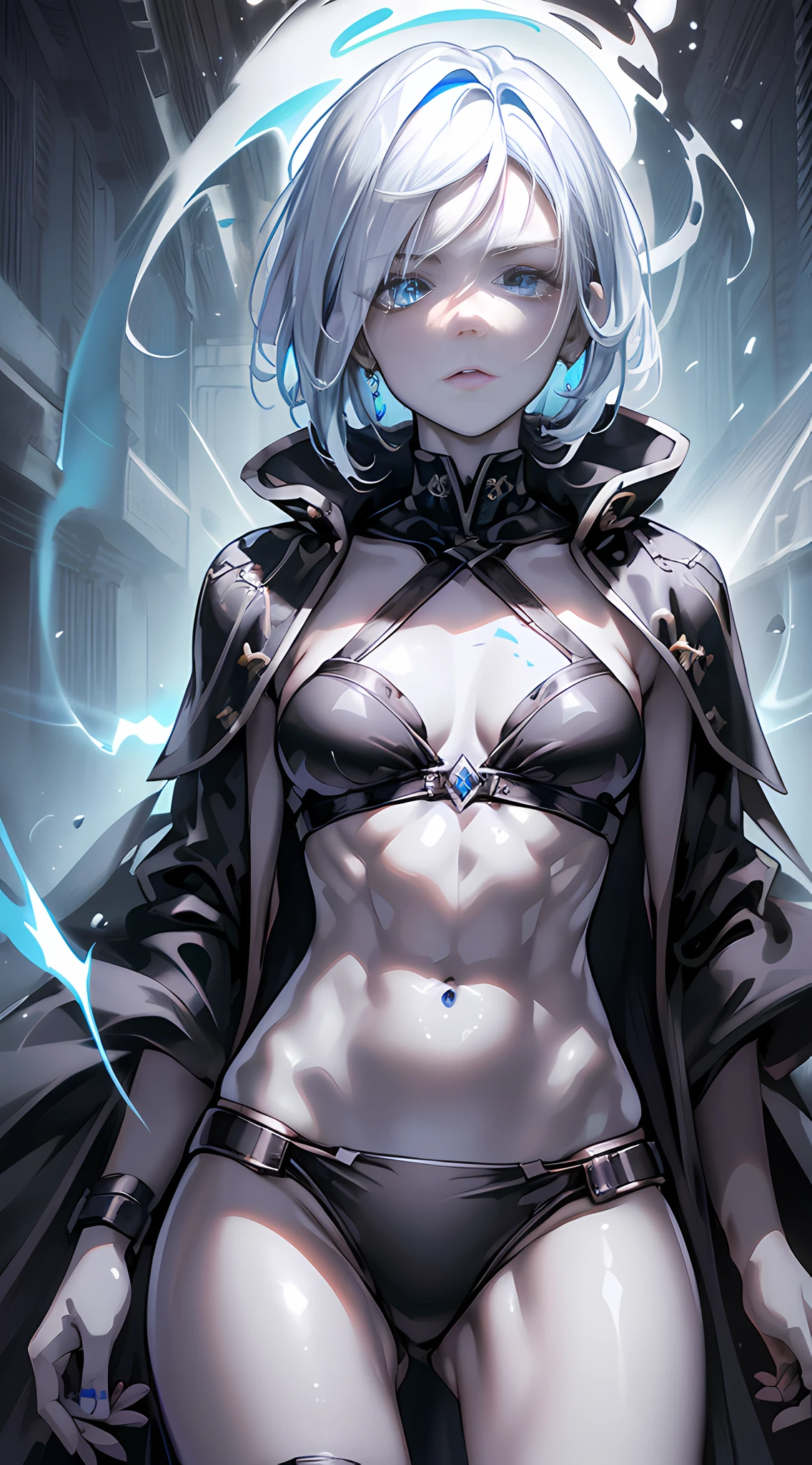 cyberpunk girl, fantasy world, dark background, clean design, epic Instagram, artstation, colorful paint splash, silhouette, ultra-detailed intricate details, Unreal engine, fantasy, complex details, splash screen, complementary colors, fantasy concept art, 8k resolution, deviantart masterpiece, oil painting, heavy stroke, paint dripping, (isolated on white background: 1.3), rainbow skin, (((handsome young man))), (( teenage:1.5)), (glowing blue eyes), ((eyes with light)), (((short white hair: 1.1))), ((black), (prince \\(indifferent expression\\), (((wearing high-detail luxury black robe))), white hair, (abs) --v 6