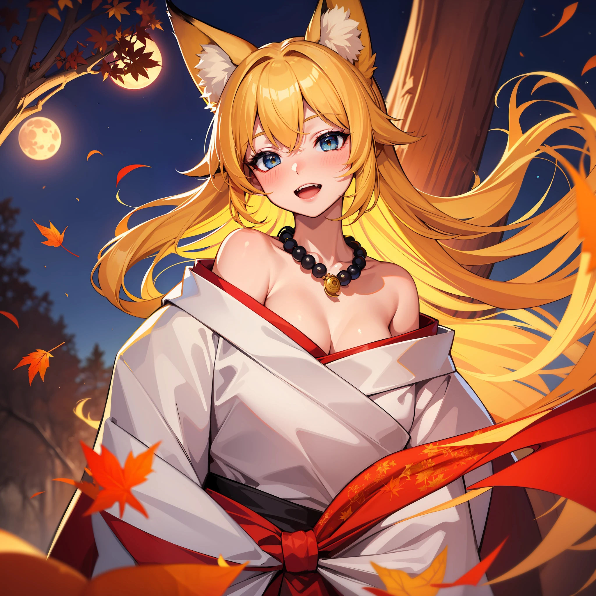Top quality, masterpiece, Masterpiece, Masterpiece, 1 woman, 22 years old, Fox personification, Close eyes, smile, open mouth, blush, red moon, yellow skin, blue eyes, yellow hair, white inner color, white thin kimono, night autumn leaves, cleavage, double teeth, small necklace