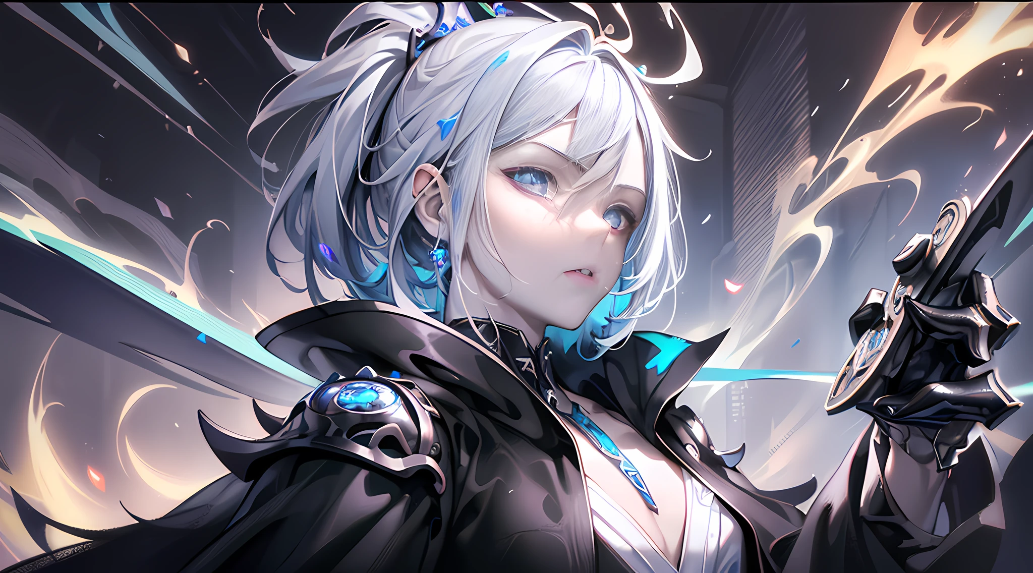 cyberpunk girl, fantasy world, dark background, clean design, epic Instagram, artstation, colorful paint splash, silhouette, ultra-detailed intricate details, Unreal engine, fantasy, complex details, splash screen, complementary colors, fantasy concept art, 8k resolution, deviantart masterpiece, oil painting, heavy stroke, paint dripping, (isolated on white background: 1.3), rainbow skin, (((handsome young man))), (( age:1.5)), (glowing blue eyes), ((eyes with light)), (((short white hair: 1.1))), ((black), (prince \\(indifferent expression\\), (((wearing high-detail luxury black robe))), white hair, (abs) --v 6