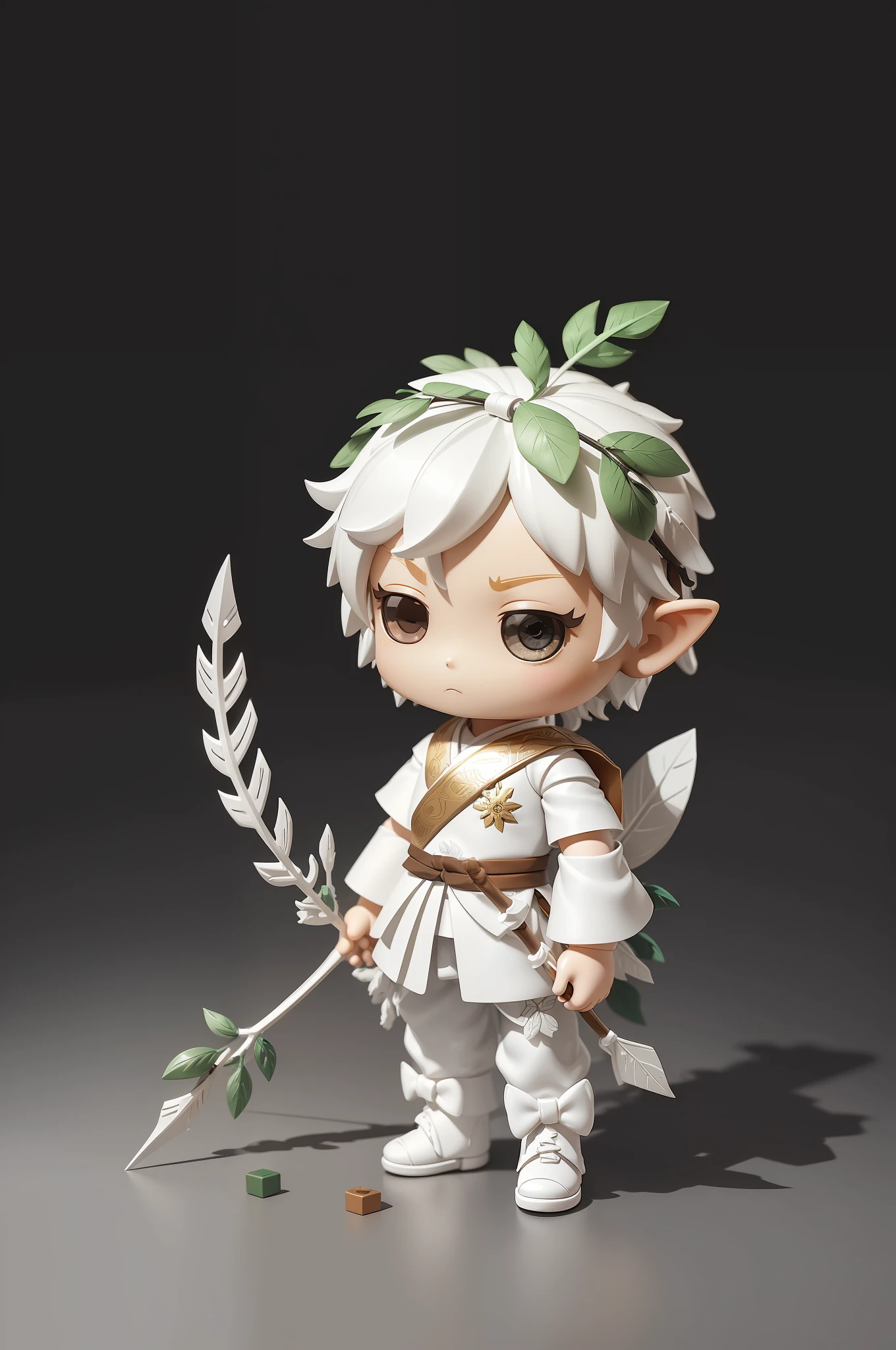 (a boy), soloist, wearing clothes made of leaves, wearing a feather headdress, carrying a bow, holding an arrow in his hand, (clear eyes), clear and transparent eyeballs, white, chibi, ((cute)), [elf], (cute), (designer toy style)), (pop toy style), (blind box toy style), (collectible toy style), ((art toy style))), Yoshitomo Nara style, simple, 3D rendering, monochrome background, concept art, simple generalization, white, integrated materials, High quality, 8K, ((masterpiece)), best rendering quality, high detail, front view, horizontal perspective, --auto --s2