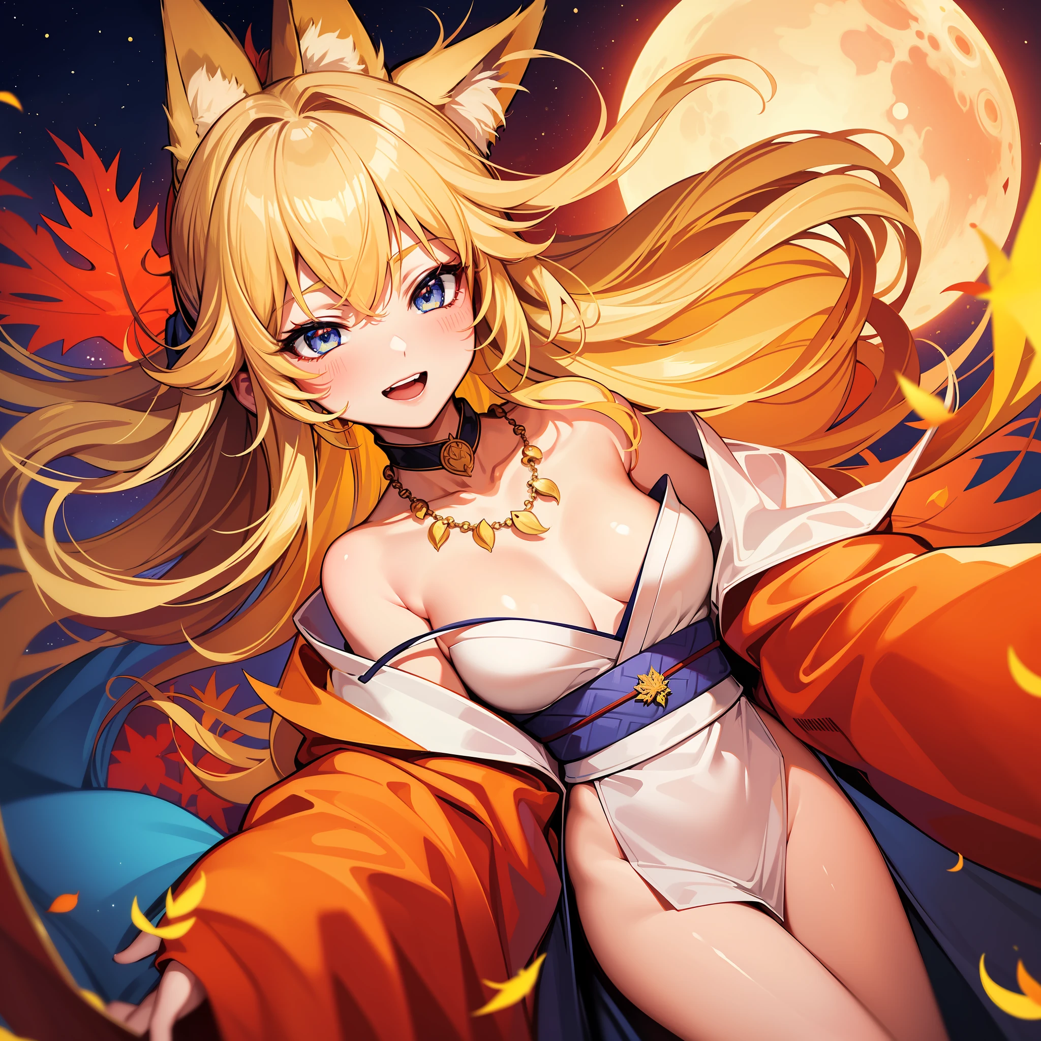 Top quality, masterpiece, Masterpiece, Masterpiece, 1 woman, 22 years old, Fox personification, Close eyes, smile, open mouth, blush, red moon, yellow skin, blue eyes, yellow hair, white inner color, white thin kimono, night autumn leaves, cleavage, double teeth, small necklace