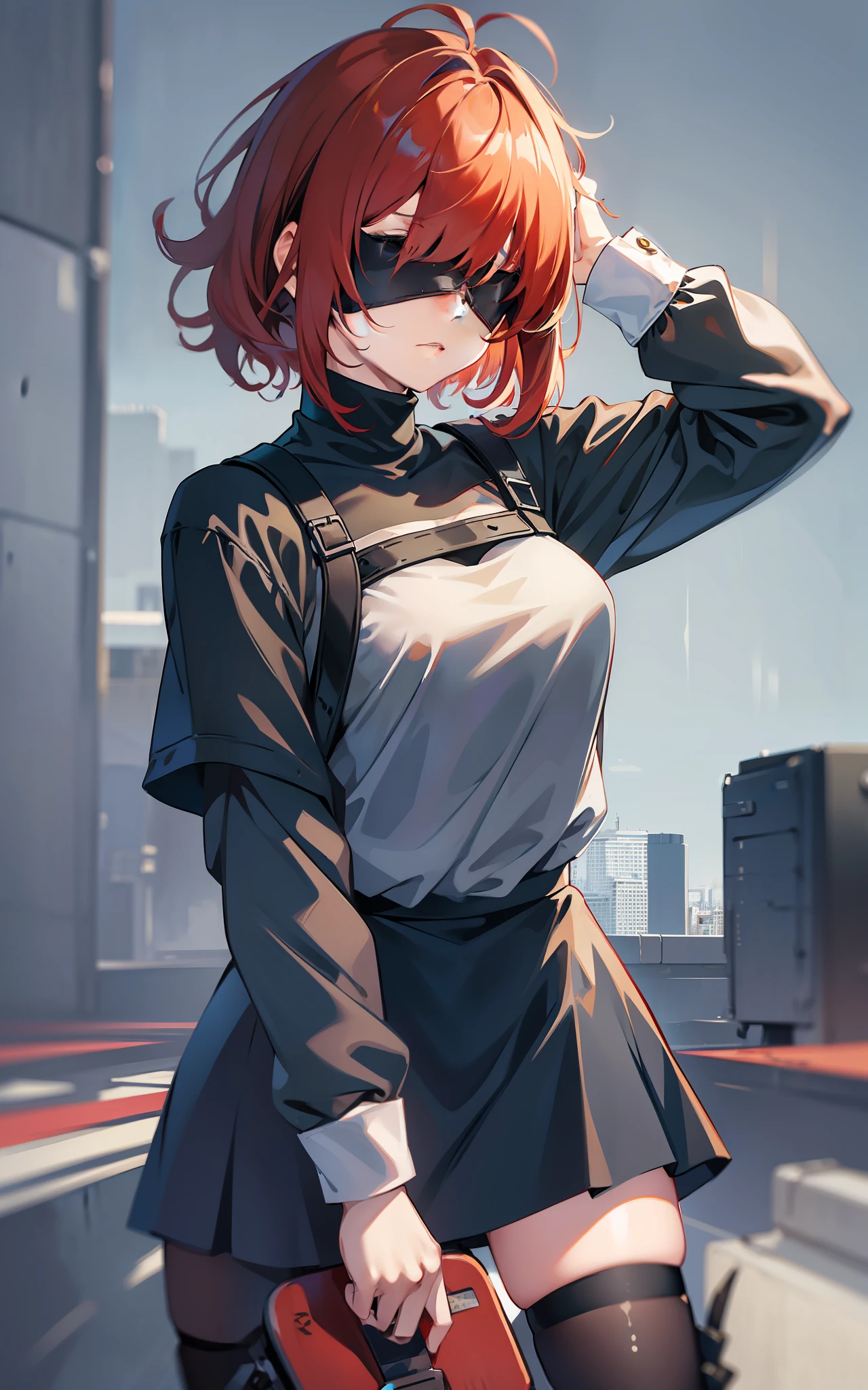 masterpiece, best quality, solo, (yorha no. 2 type b:1.14), (covered eyes:1.05), (portrait:1.1), (upper body:1.1), medium breasts, expressionless, 1girl, solo, (ruffling hair, messy hair:1.1), red hair, makima \(chainsaw man\), best quality, ultra detailed, 1girl, solo, standing, medium hair, blunt bangs does not look at the viewer, blindfolded, teenage clothes, baggy clothes,  skateboarder clothing