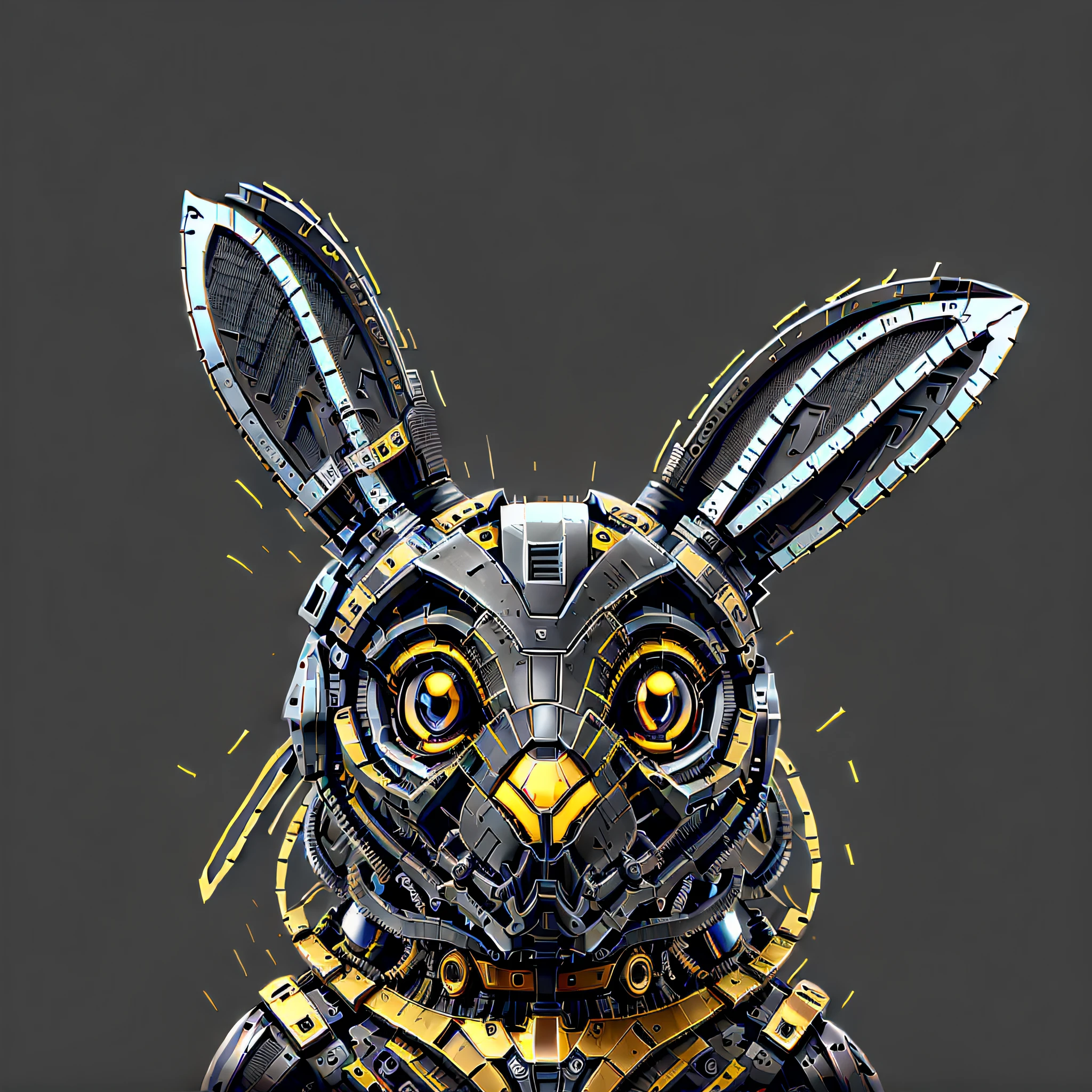 rabbit drawing, rabbit robot, machine, anthropomorphic rabbit, rabbit, robot, anthropomorphic robot [ things], furry art, only rabbit face, rabbit ears, mechanical rabbit, steampunk, cyberpunk, gear, black rabbit, black, matte, black mech, black appearance, 4K, golden eyes, carbon brazing, jet black