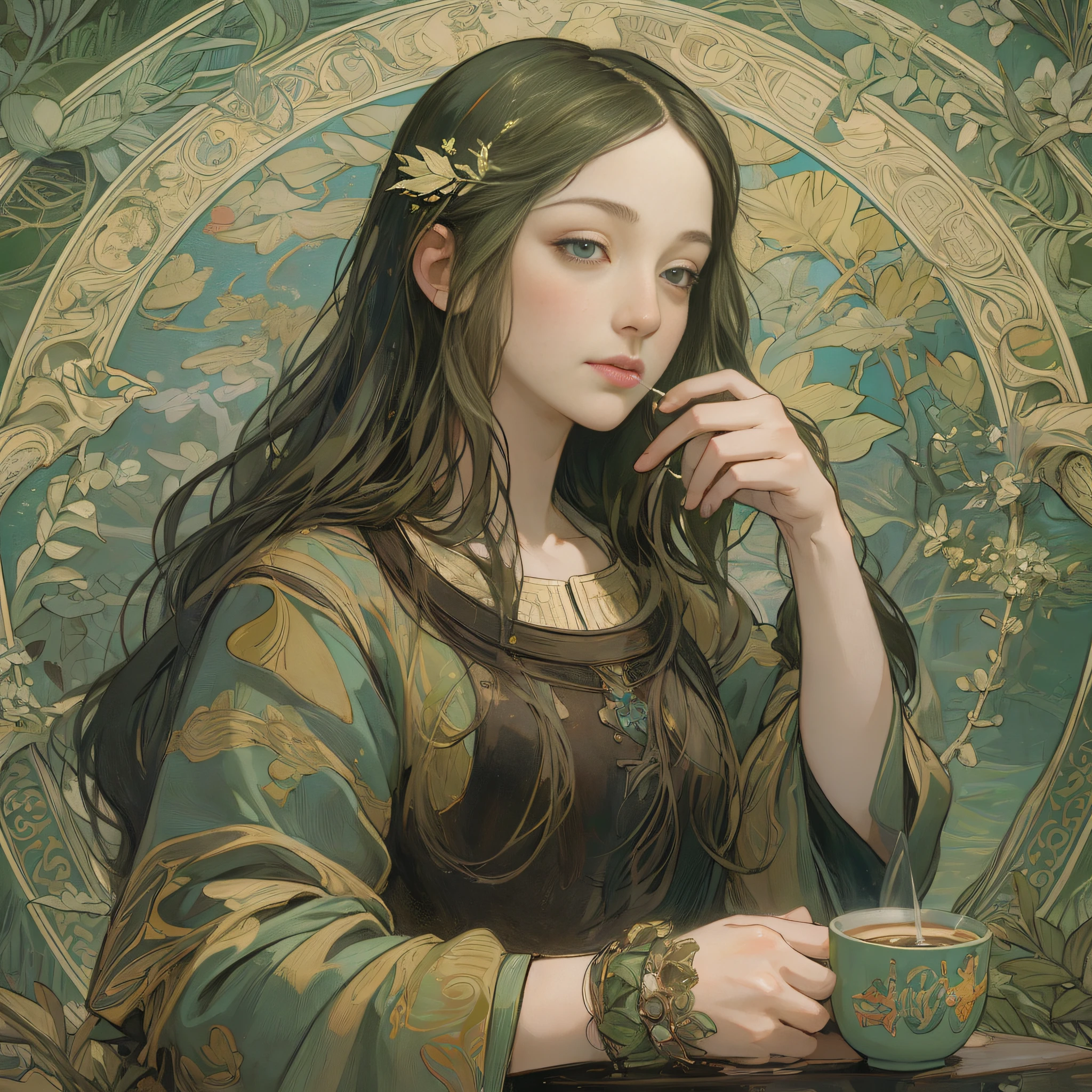 {{masterpiece, best quality, extremely detailed CG, unity 8k wallpaper, cinematic lighting}}. Please paint a picture of Mona Lisa enjoying coffee at Starbucks with a touch of Mucha's (Art Nouveau) style.