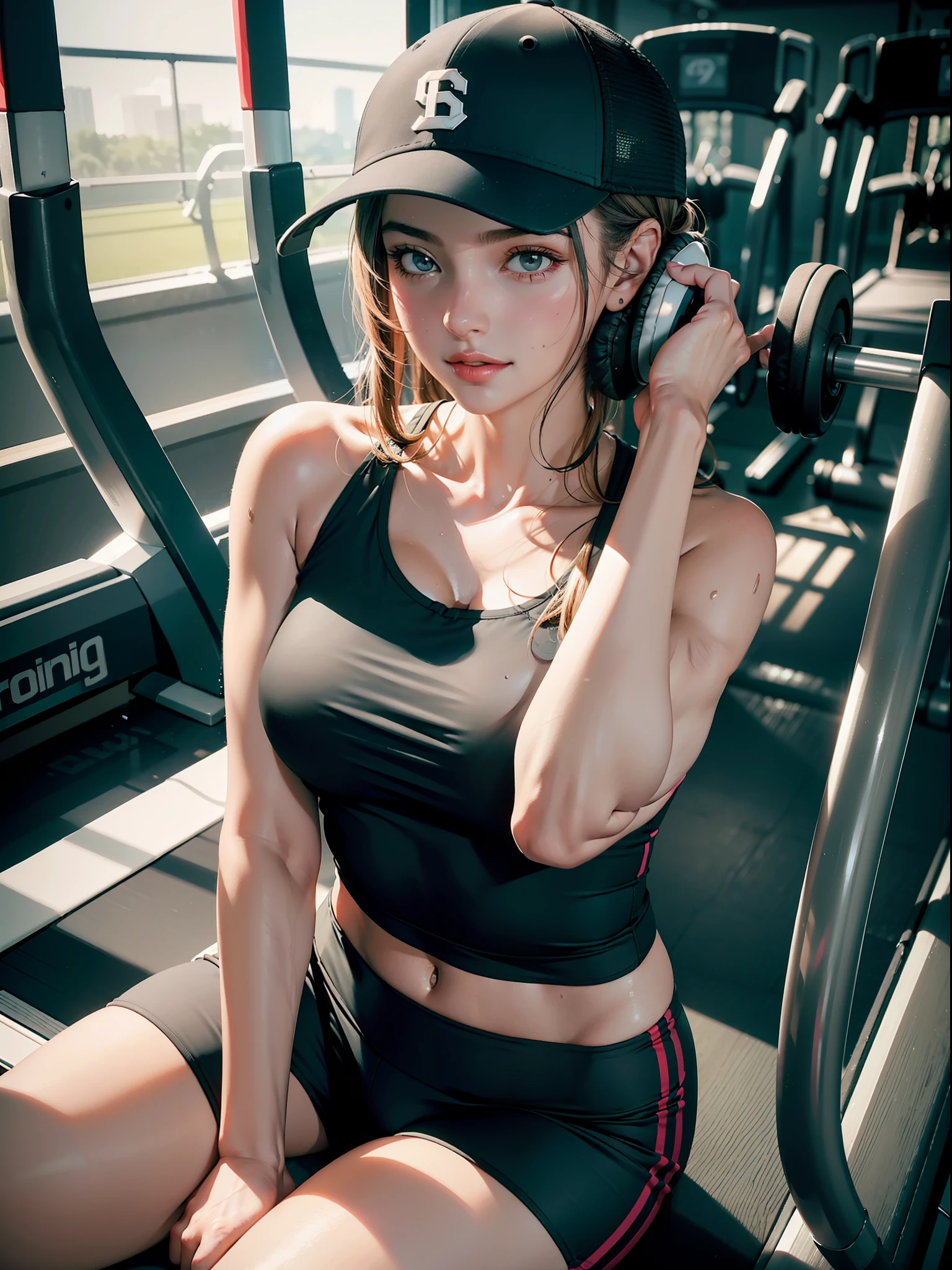 1 girl, sitting, with baseball cap, headphones, in gym, well-proportioned, wearing tight gym clothes, light tracing, (running on treadmill: 1.2), sweating
(Realistic: 1.4), official art, Unity 8k wallpaper, super detailed, beautiful beauty, masterpiece, best quality, glowing skin, cinematic lighting, light smile