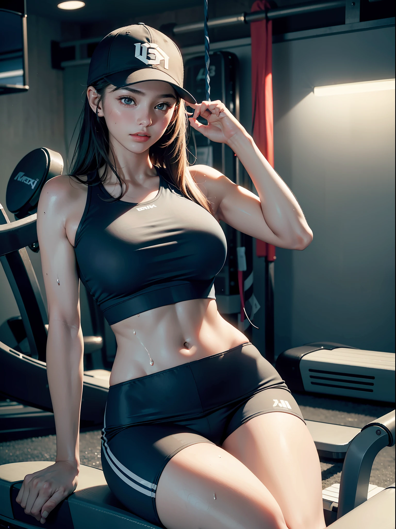 1 girl, sitting, with baseball cap, headphones, in gym, well-proportioned, wearing tight gym clothes, light tracing, (running on treadmill: 1.2), sweating
(Realistic: 1.4), official art, Unity 8k wallpaper, super detailed, beautiful beauty, masterpiece, best quality, glowing skin, cinematic lighting, light smile