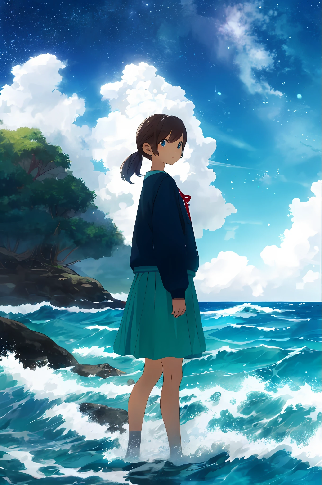 [(Cloud background: 1.5),::5] (Isometric: 1.0), 1 girl, medium shot, full body, ocean, waves, splash, sky, light particles, night, starry sky, sea and sky