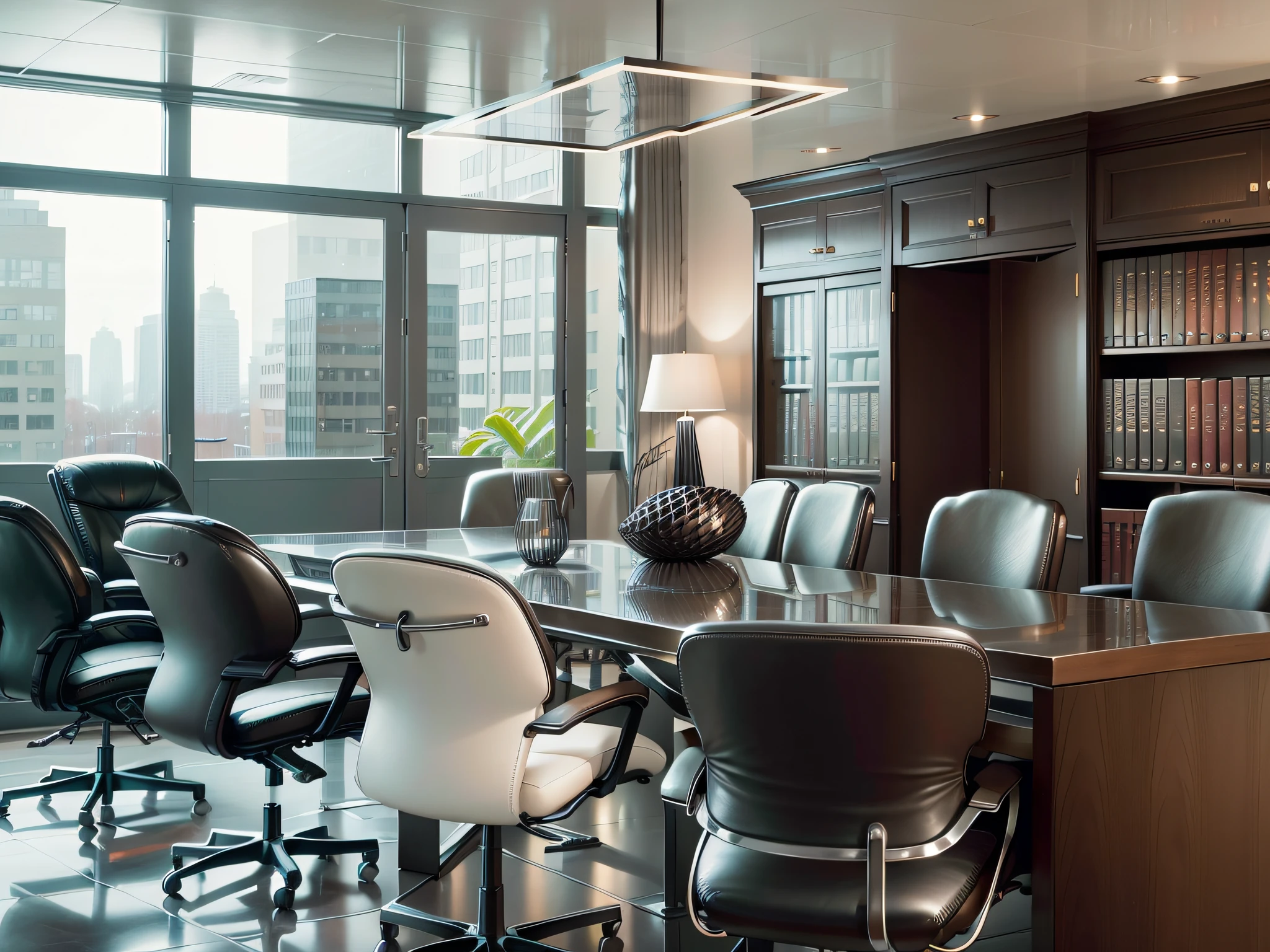 The law firm features contemporary design furniture, including armchairs upholstered in black and gray leather, tempered glass coffee tables with chrome bases, a solid wood meeting table with black leather chairs, and a built-in bookcase with brown leather bound legal books.