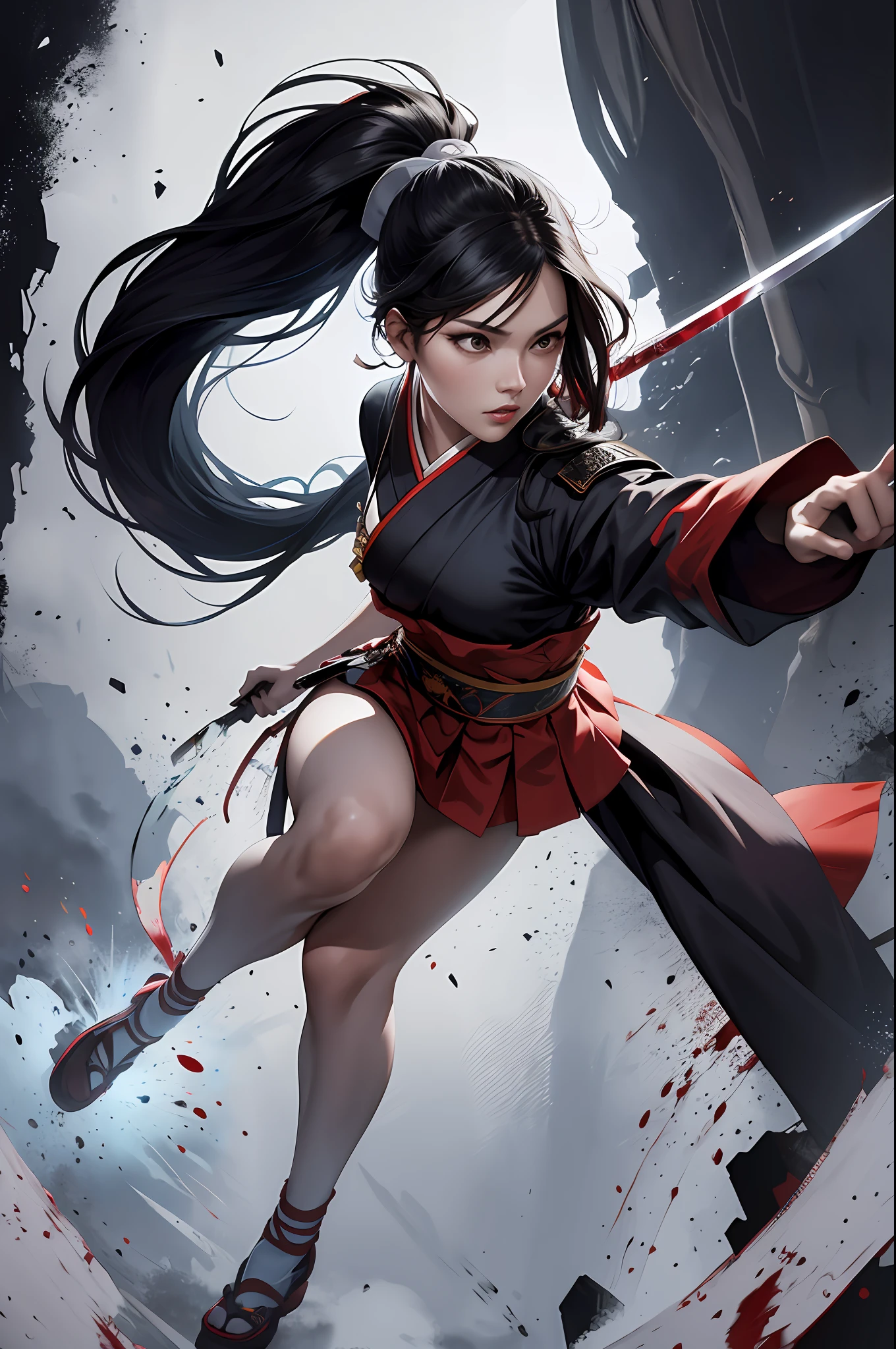 Best Quality, Masterpiece, Ultra High Resolution, (Realistic: 1.5)1 Woman, Full Body, Weapon, Sword, Long Hair, Black Hair, Ponytail, White Background, Solo, Blood, Arm Shield, Night Jungle, Blood on Weapons, Looking at the Audience, Broken Cloth, Floating Hair All Over, Jumper, Perfect Lighting, Perfect Shadow, Dynamic Pose, Movie, (Hanbok: 1.2), (Japanese Armor), (Flat Color: 1.25), (Adult: 1.4), Splash Background