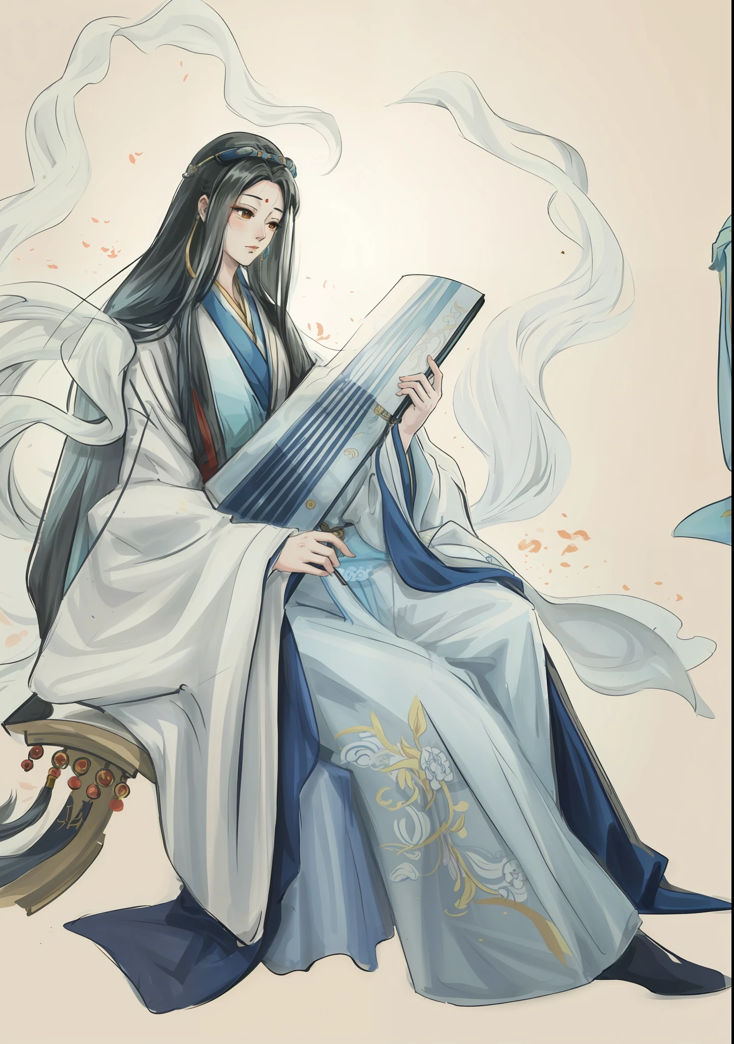 anime character sitting on a chair with a fan and a fan, flowing hair and long robes, inspired by Wu Daozi, inspired by Guan Daosheng, heise jinyao, inspired by Tang Yin, inspired by Zhao Yuan, xianxia fantasy, inspired by Wu Zuoren, inspired by Zhang Wo, xianxia, by Qu Leilei