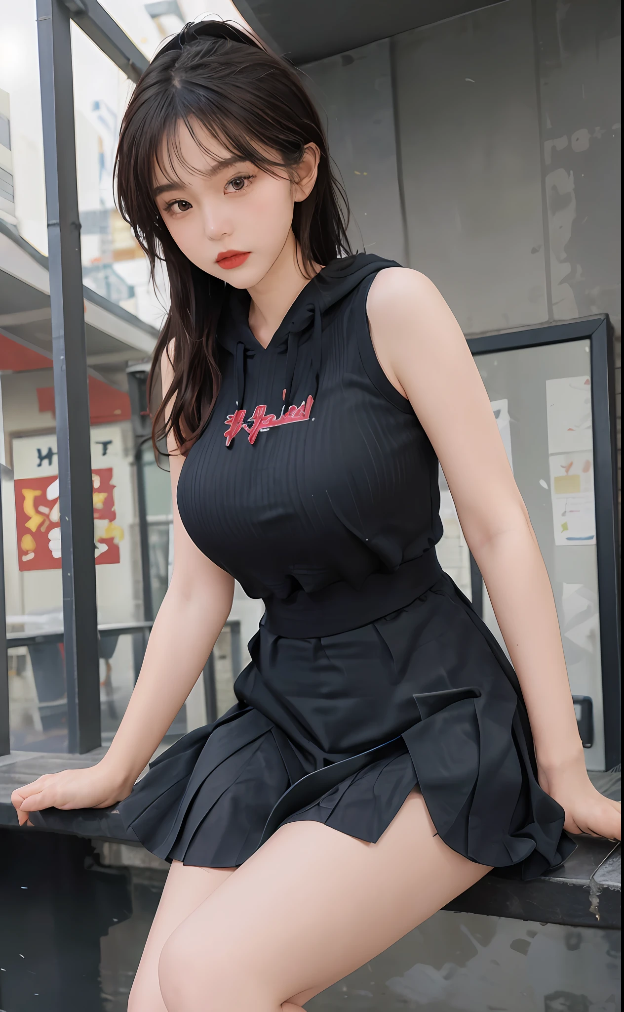 (masterpiece, realistic, high resolution), ((1 girl): 1.2), Korean, ((white wavy hair): 1.3), (heterochromic eyes: 1.1, thick eyebrows,), (white hoodie), ((medium breasts): 1.2, small waist, thigh), catwalk, masterpiece: 1.2, best quality), realism, (real pictures, rich detail details, depth of field), (1 girl, solo), makeup, high detail, perfect face shape, (: 1.4), (skin dents), thick thighs, wide hips, thin waist, high, coral, red lips, red eyes, ponytail (girls, shallow tulle, tulle transparent), (sweat: 1.2), (wet), sexy, blush, (shy expression), tank tops, suspenders, belly pockets, shorts, yoga pants, tight short skirts, tight shorts, stockings, fishnet socks, pajamas, pleated skirts, skirts, hip skirts, flowers on clothes,