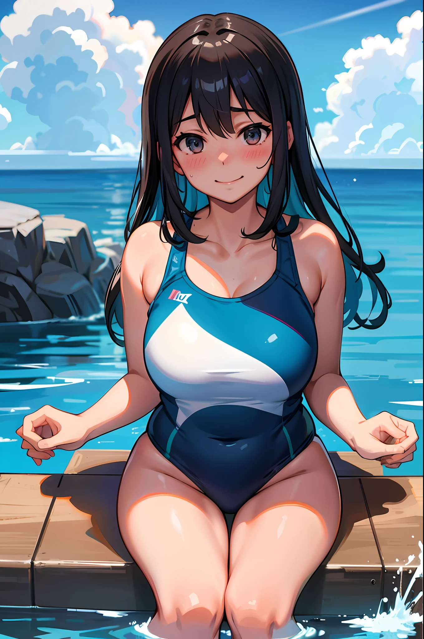 master-piece,hyper quality, hyper detailed,perfect drawing,solo, beautiful girl in swimsuit,, B99W66H110, height 140cm, plump, blush, sweat, tanned skin, cheeky smile, swimming club, competitive swimsuit (one-piece type swimsuit, sober swimsuit) 10 years old, open legs (30cm), holding the crotch with both hands, Water gushing from crotch, embarrassed expression, blush, moist eyes, blue sky, cumulonimbus clouds, brilliant sun, sparkling water, school swimsuit, competitive swimming pool, shot from diagonally below, thin fabric swimsuit, light from the front, forward light, sunlight, summer sky, clearface, master-piece, hyper quality, hyper detailed, perfect drawing, CG, 3D, 8k,illustration,beautiful face girl,hiten_1,