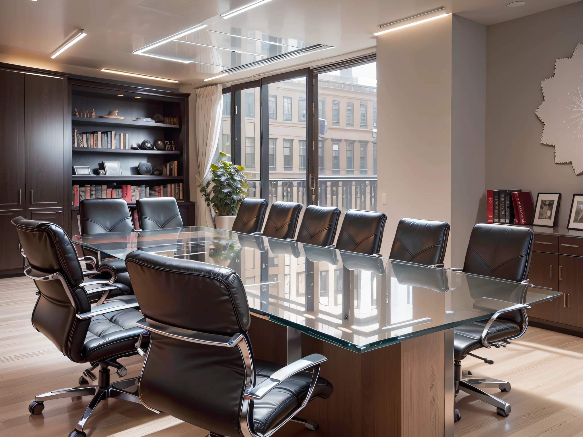 The law firm features contemporary design furniture, including armchairs upholstered in black and gray leather, tempered glass coffee tables with chrome bases, a solid wood meeting table with black leather chairs, and a built-in bookcase with brown leather bound legal books.