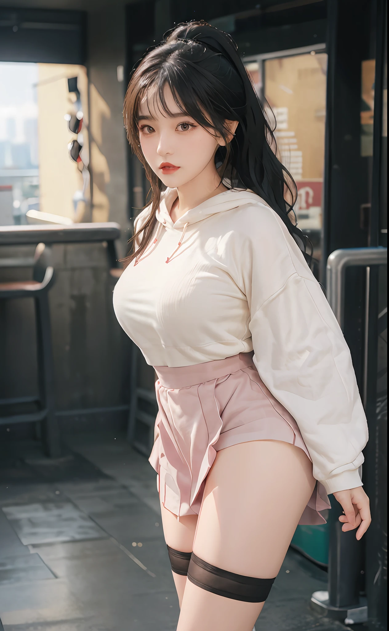 (masterpiece, realistic, high resolution), ((1 girl): 1.2), Korean, ((white wavy hair): 1.3), (heterochromia: 1.1, thick eyebrows,), (white hoodie, black sports shorts), ((medium breasts): 1.2, small waist, thigh), catwalk walk, masterpiece: 1.2, best quality), realism, (real pictures, rich detail details, depth of field), (1 girl, solo), makeup, high detail, perfect face shape, (: 1.4), (skin dents), thick thighs, wide hips, thin waist, high, coral, red lips, red eyes, ponytail (girls, shallow tulle, tulle transparent), (sweat: 1.2) , (wet), sexy, blush, (shy expression), shorts, short skirts, stockings, suspenders,