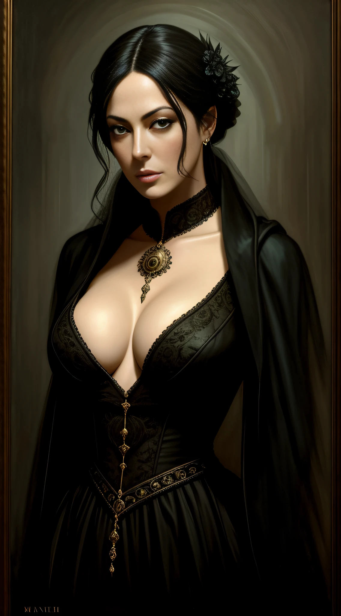 1woman, dark art, surrealism, dramatic, monicabelluci, stunning, medium breasts, highly detailed, 8k, ornate, intricate, cinematic, dehazed, atmospheric, (oil painting:0.75), (splash art:0.75),(teal:0.2),(gold:0.2), (by Jeremy Mann:0.5), (by John Constable:0.1),(by El Greco:0.5),(acrylic paint:0.75)