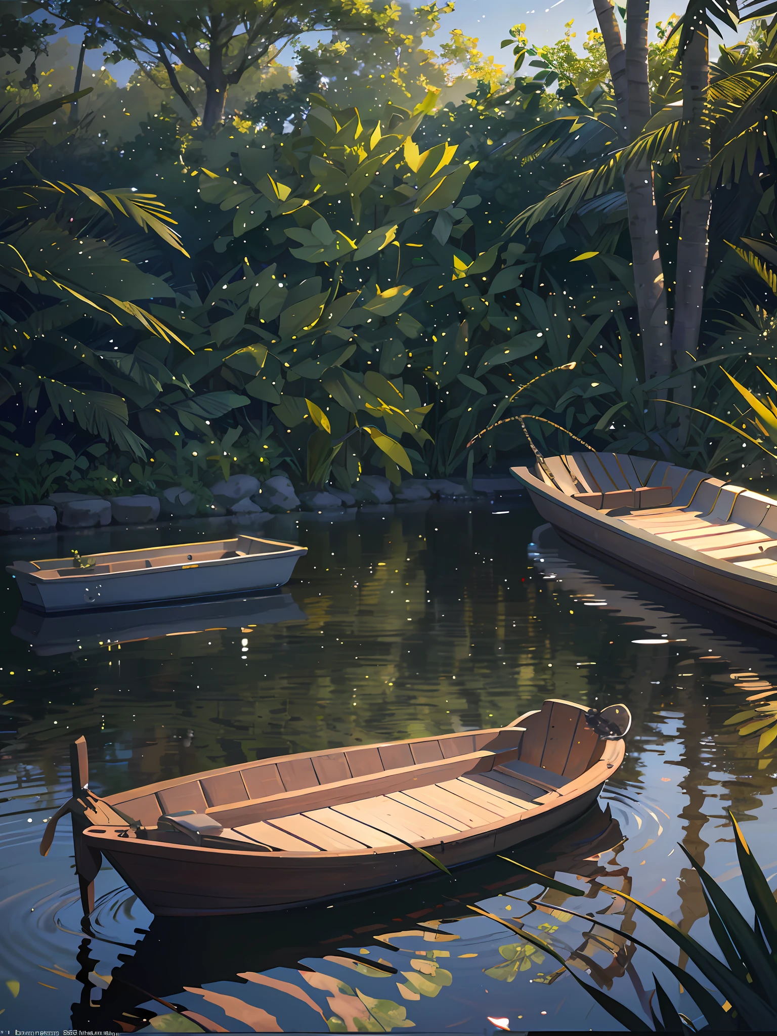 Wallpaper, nature of beauty, summer pond, pond, boat, afternoon sun, reeds, pond background, depth of field, hot weather, HD detail, wet watermark, hyperdetail, realistic photo, 16k, masterpiece of Nikon, soft light, deep field focus bokeh, ray tracing, diffuse (ultra-fine glass reflection) and surrealism. --v6