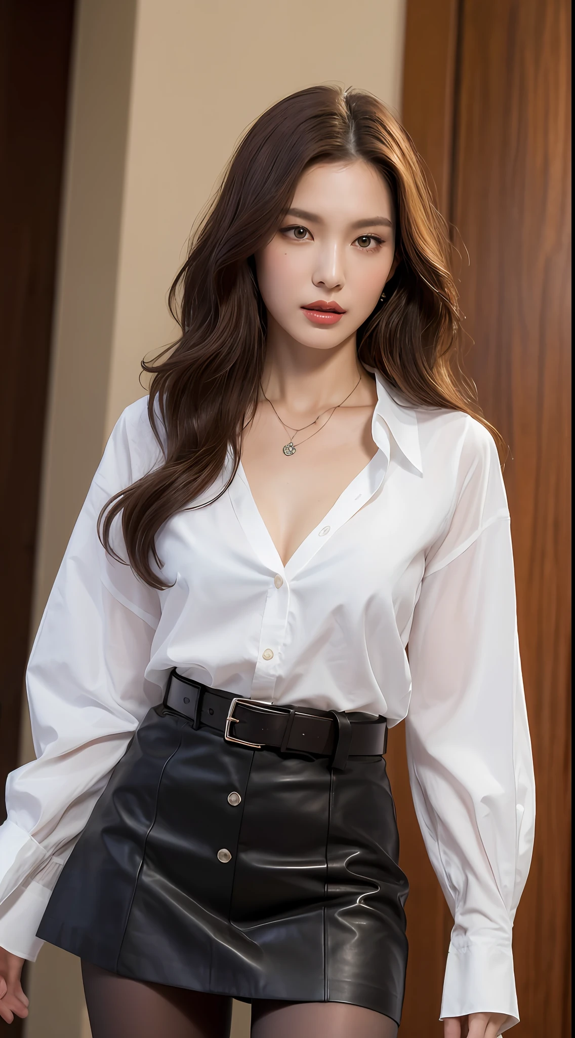 (Best Quality, High Resolution, Masterpiece: 1.3), a tall and beautiful woman, slender abs, dark brown hair in loose wavy styling, breasts, wearing a pendant, white button-down shirt, belt, black skirt, (RV in the background), face and skin texture in beautifully presented details, detailed eyes, double eyelids, dark stockings, slender thighs