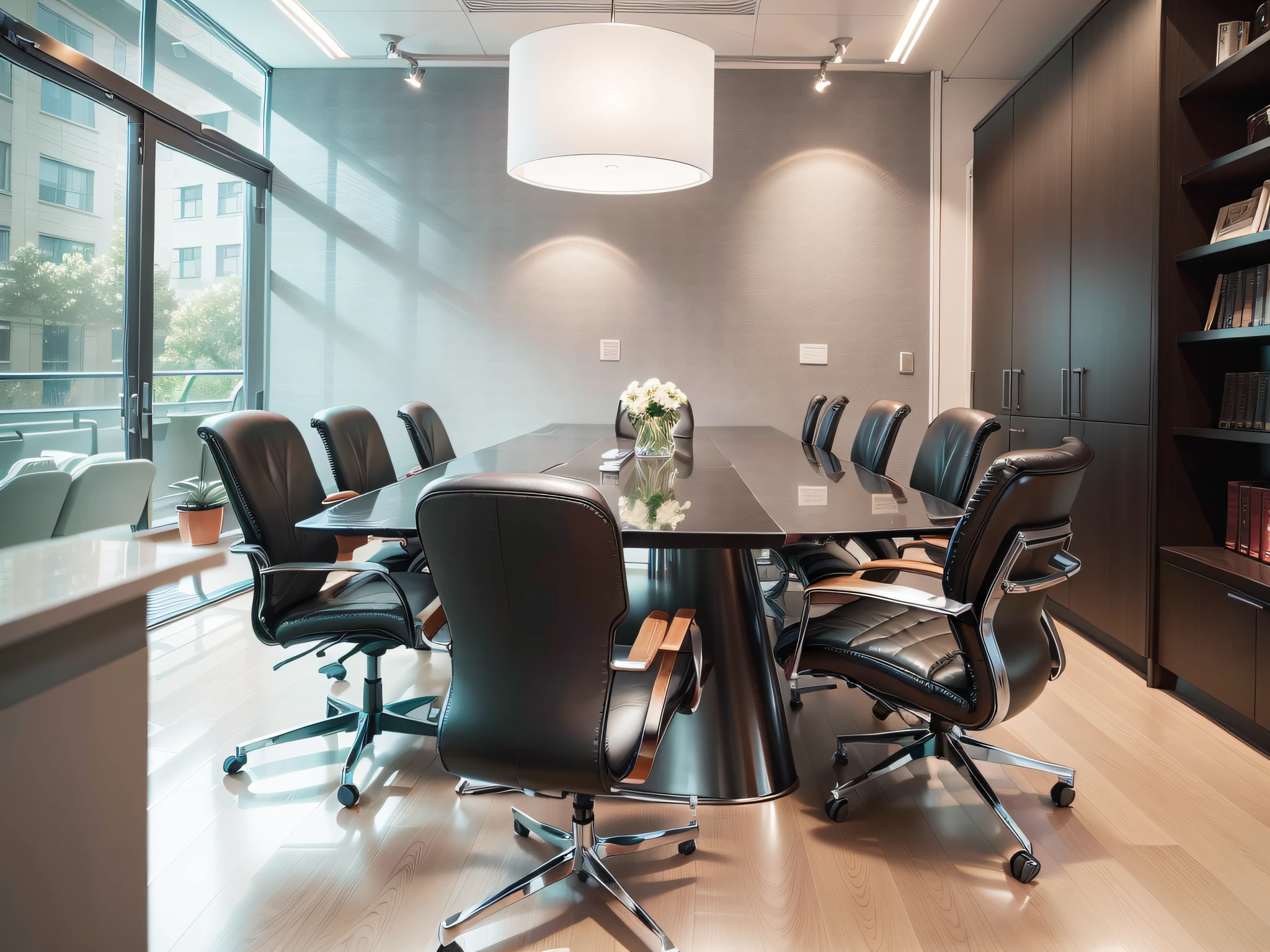 The law firm features contemporary design furniture, including armchairs upholstered in black and gray leather, tempered glass coffee tables with chrome bases, a solid wood meeting table with black leather chairs, and a built-in bookcase with brown leather bound legal books.