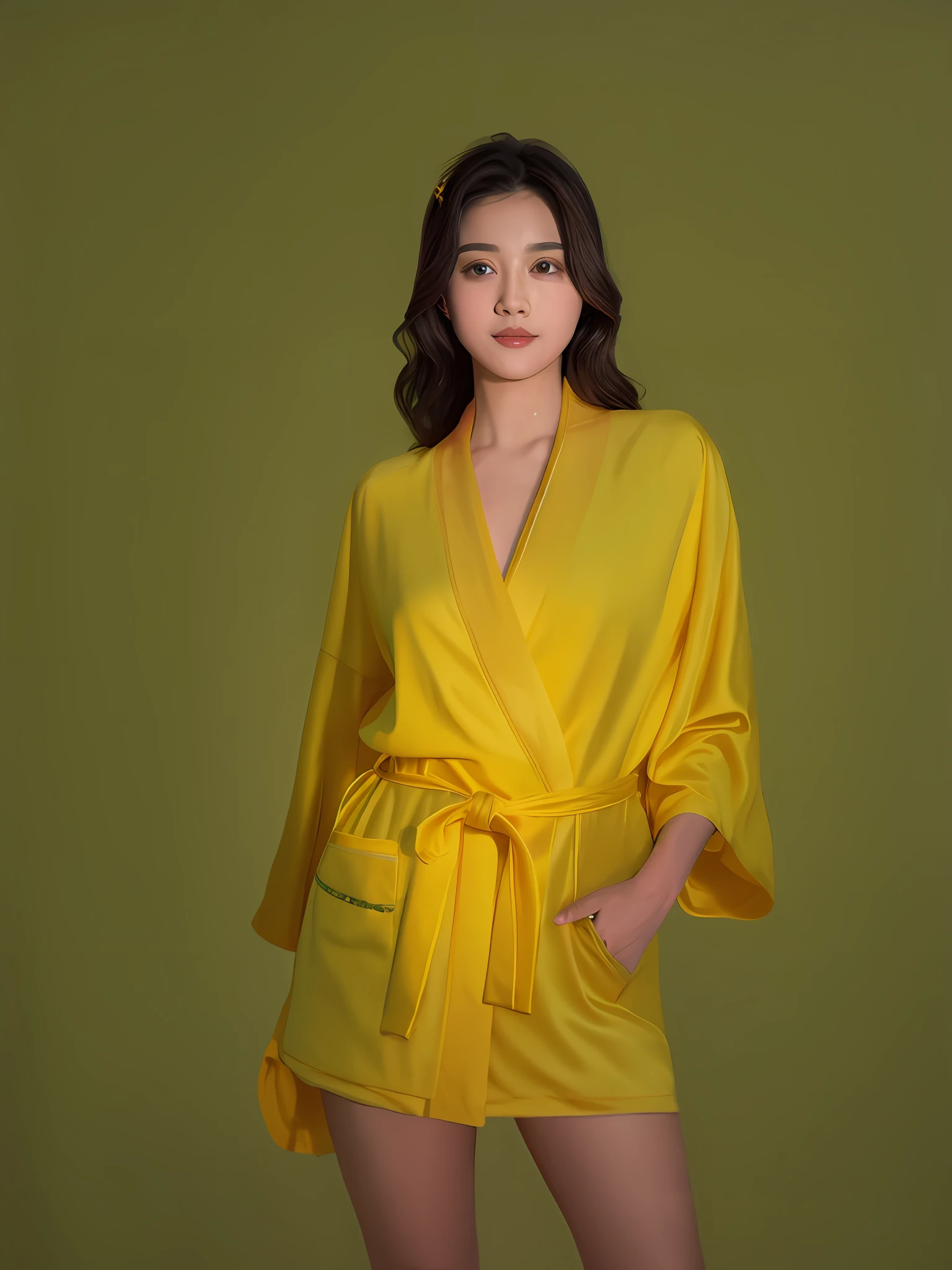 Yellow robe, bedroom, with white bed, mirror --auto --s2