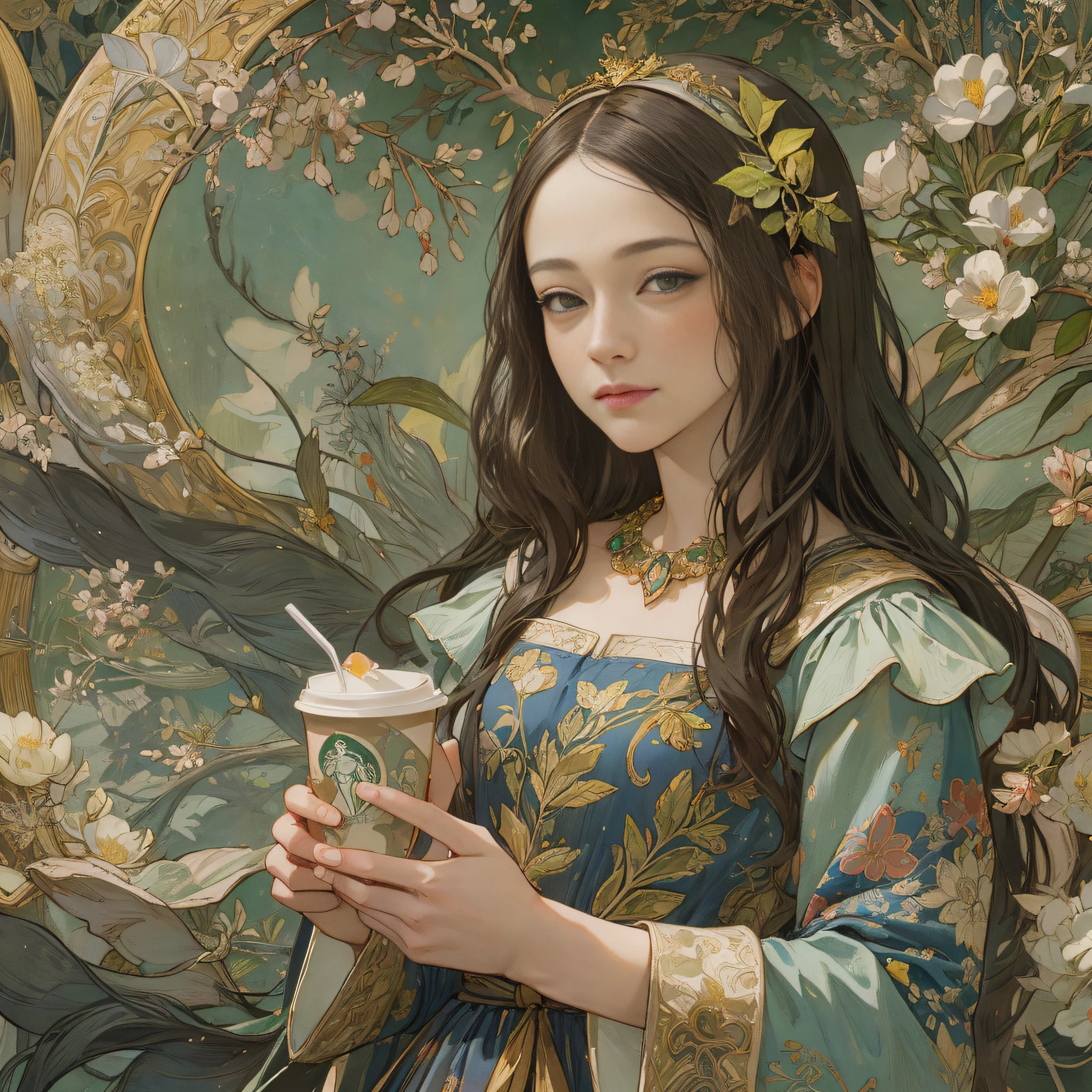 {{masterpiece, best quality, extremely detailed CG, unity 8k wallpaper, cinematic lighting}}. Please paint a picture of Mona Lisa enjoying coffee at Starbucks with a touch of Mucha's (Art Nouveau) style.