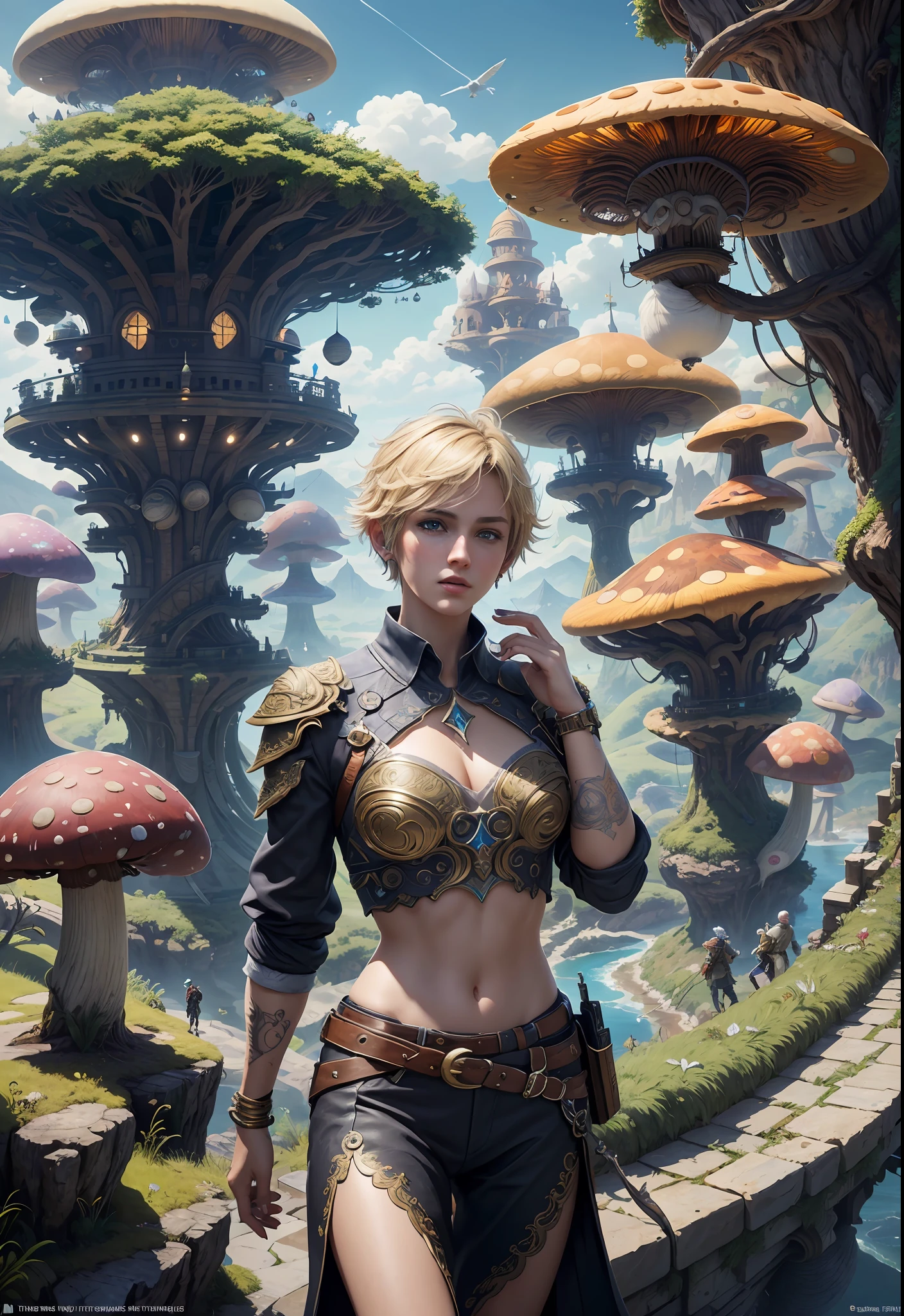 (((Multiplayer, Man and Woman))), Best Quality, Realistic, Realistic, Award-Winning Illustrations, (Intricate Details: 1.2), (Fine Details), (Intricate Details), (Cinematic Light, Best Quality Backlight), Clear Lines, Sharp Focus, Official Art, Unity 8k Wallpaper, Ridiculous, Incredibly Ridiculous, Fantasy Art, RTX, ((Award-winning Triangle Studio Close-up Photo)), 1 Boy, (Shut Up), Best Quality, 4K, beautiful mysterious creatures, blond male, flying, surrealism, masterpiece of NCWINTERS, masterpiece in mysterious country town, masterpiece, intricate details, ff14style, urban painting, bridge, river, giant mushroom, landscape, bright colors,