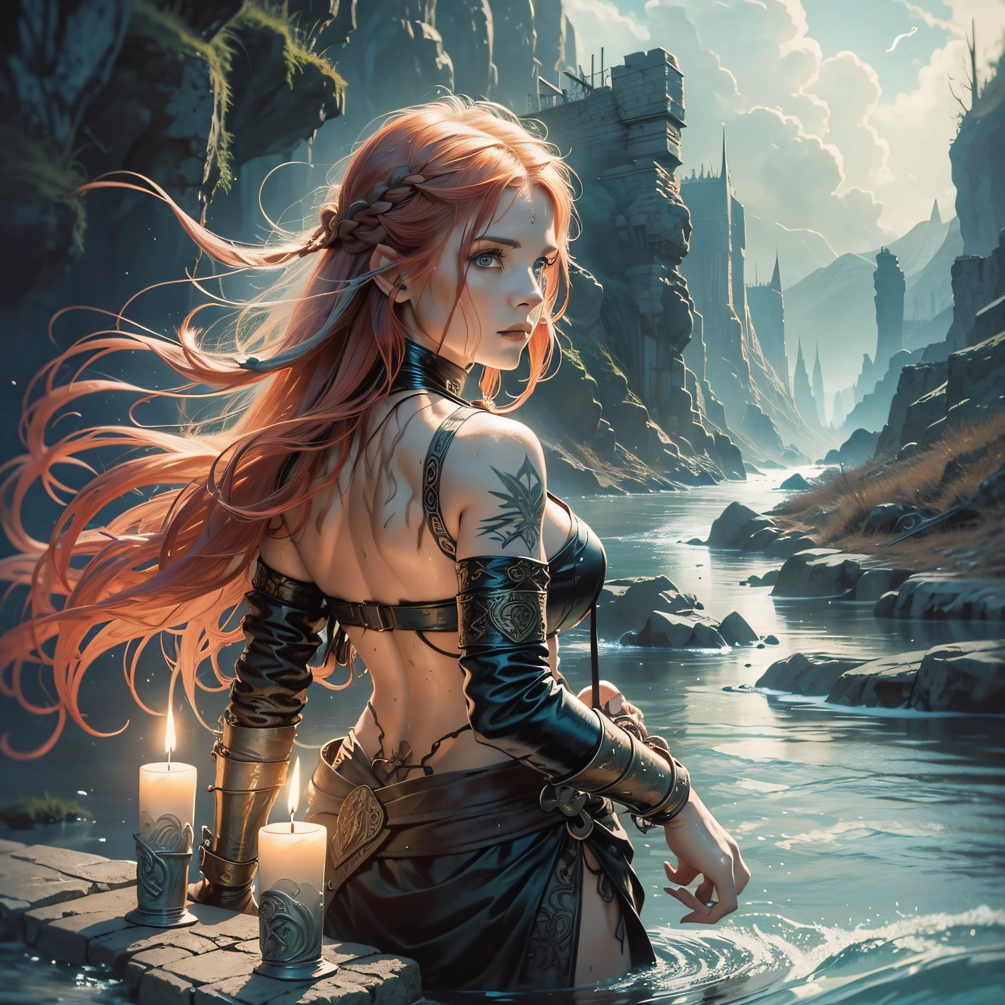 a viking woman on her back walking over a river,shirtless,female back,viking,big black nails,redhead,braided and messy hair,wet body,hot steam in the air,lit candles,vikings,nordic,valhalla,nordic runes,hand drawn,illustration,art nouveau,tarot cards