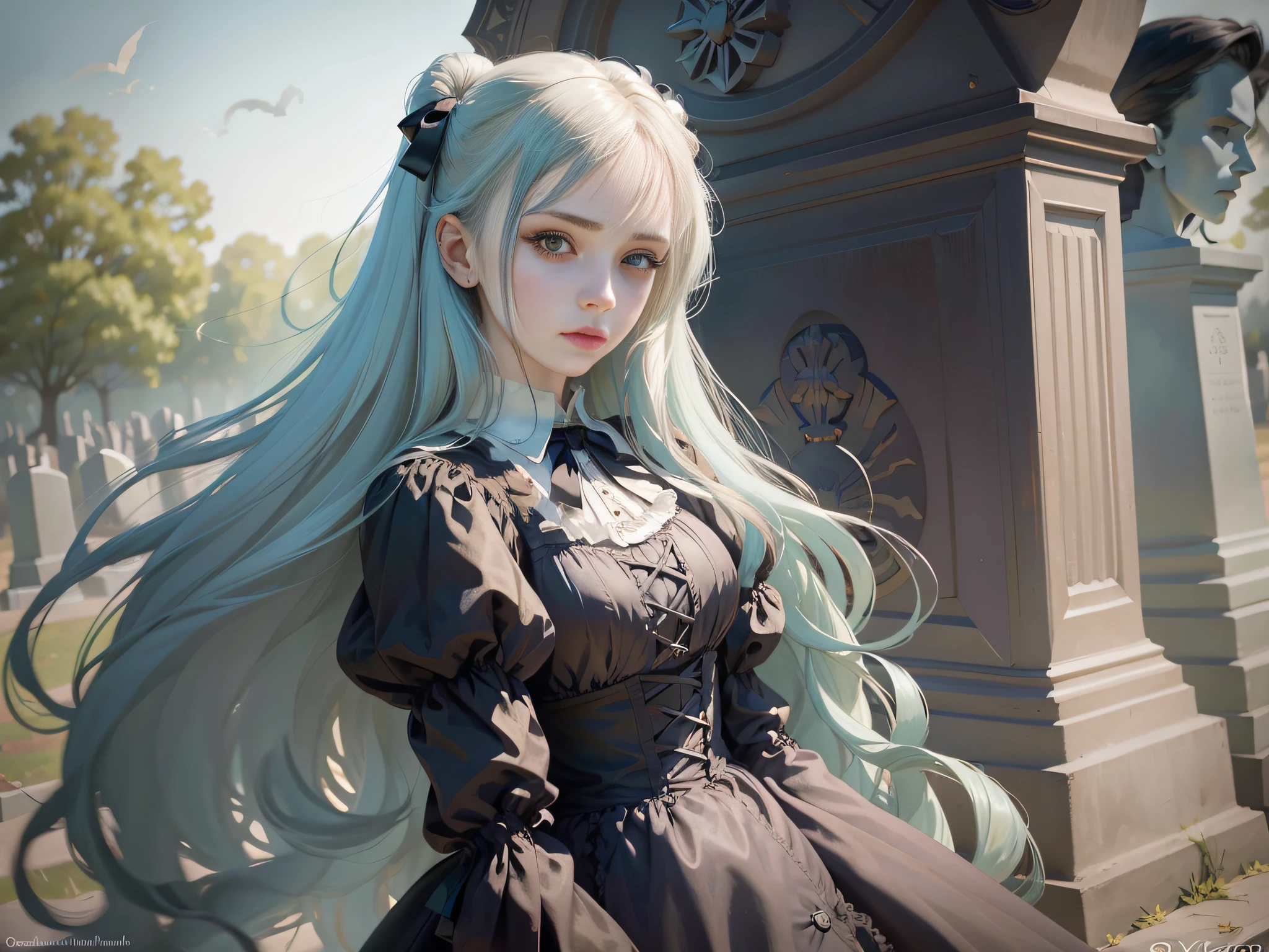 1girl, solo, , long hair, wind blown, lips, bangs, dress, shirt, , long sleeves, pale skin, gothic makeup, Victorian era realistic face, watercolor painting, negative space, scary, cemetery, spirits, ghosts, WLOP style, mucha fujifilm overcomes, kodak door, kodak ektar, kodachrome, cyan tom