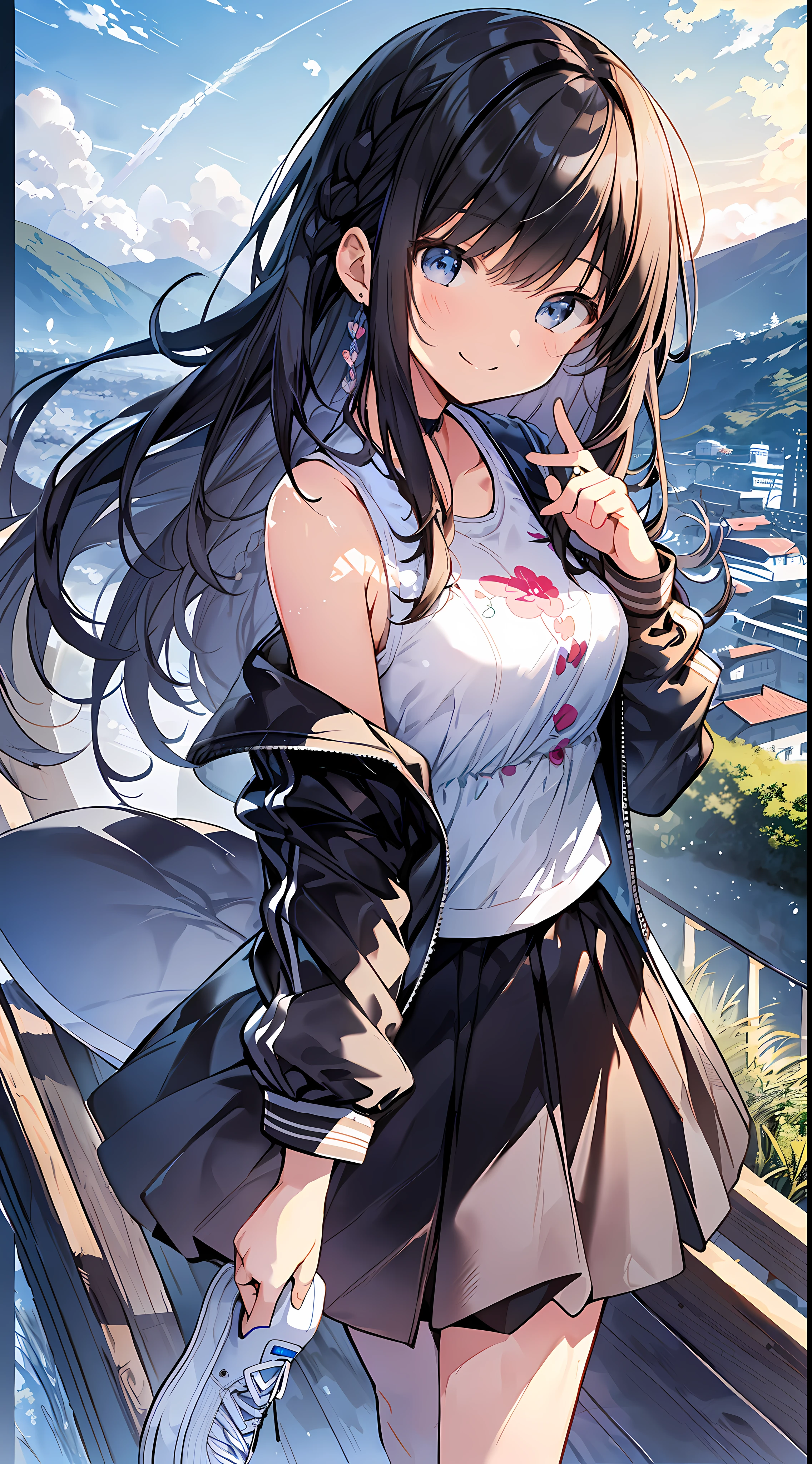 Top Quality, Masterpiece, Ultra High Definition, 8K, Summer Sky, Early Summer, (Flared Skirt, Jacket, Sneakers), Shojo Manga Style , One, Soft Line Art, Digital Enhancement, Shojo Manga Touch, Shojo Manga Core, Flowing Fabric, Close Up, (Hair length to shoulders and short braid)), Wet hair, Soft drawing, Beautiful black hair, Clear eyes, (((teasing smile)) , Ultra-detailed digital anime art, clear face depiction, ultra-detailed shoujo manga character art, clear facial features, ultra-detailed manga style, top quality colors, hand gestures, landscape with nature, looking up at the sky, foot-up angle
