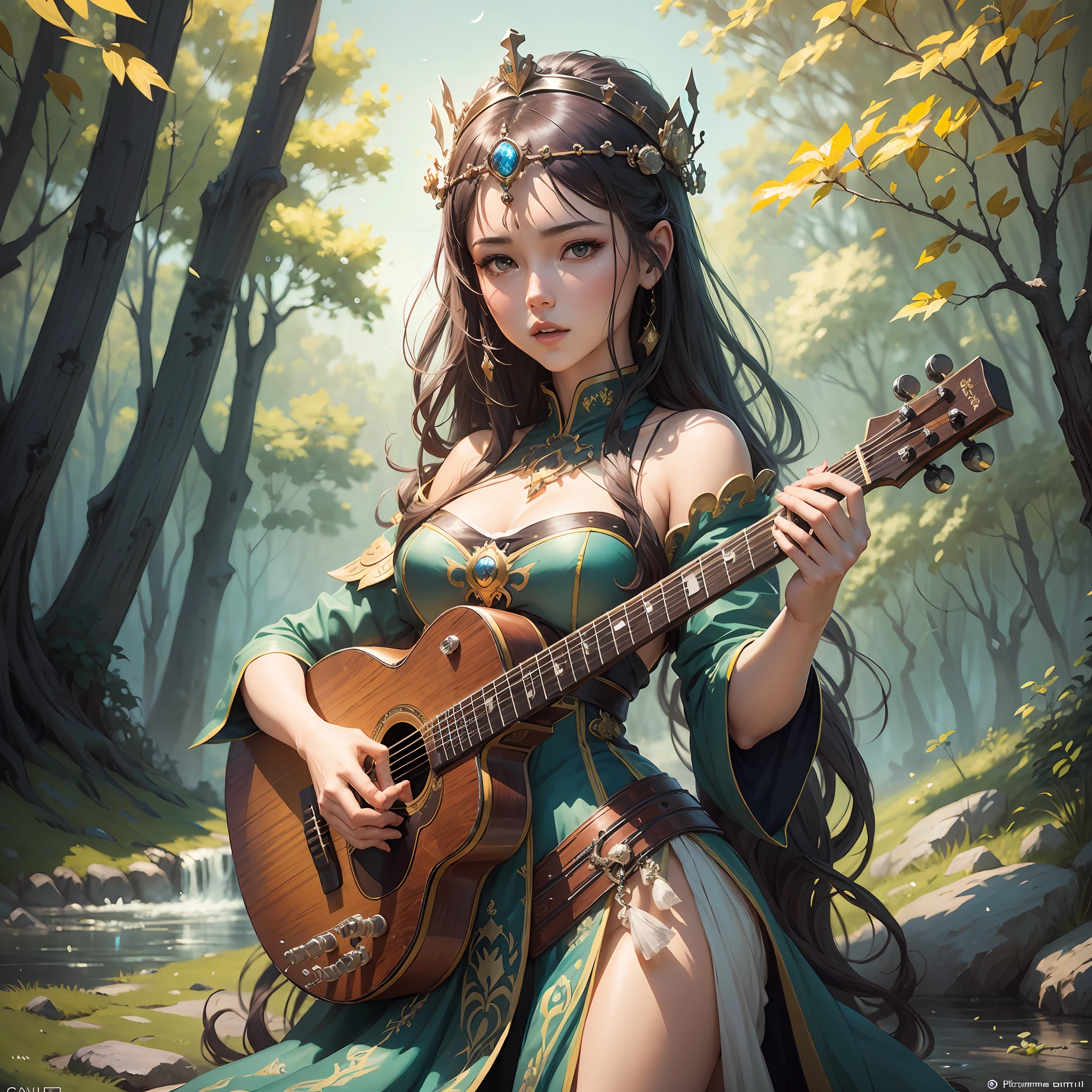 There is a woman in a dress standing outside, singing music, with musical instrument, fantasy art style, Guweiz style art, beautiful fantasy maiden, ((a beautiful fantasy empress)), a beautiful fantasy empress, beautiful painting of character, beautiful maiden, beautiful fantasy art portrait, fantasy style art, fantasy art portrait, beautiful fantasy art, 2. 5 d cgi anime fantasy art, a creek in the background, and animals around --auto --s2