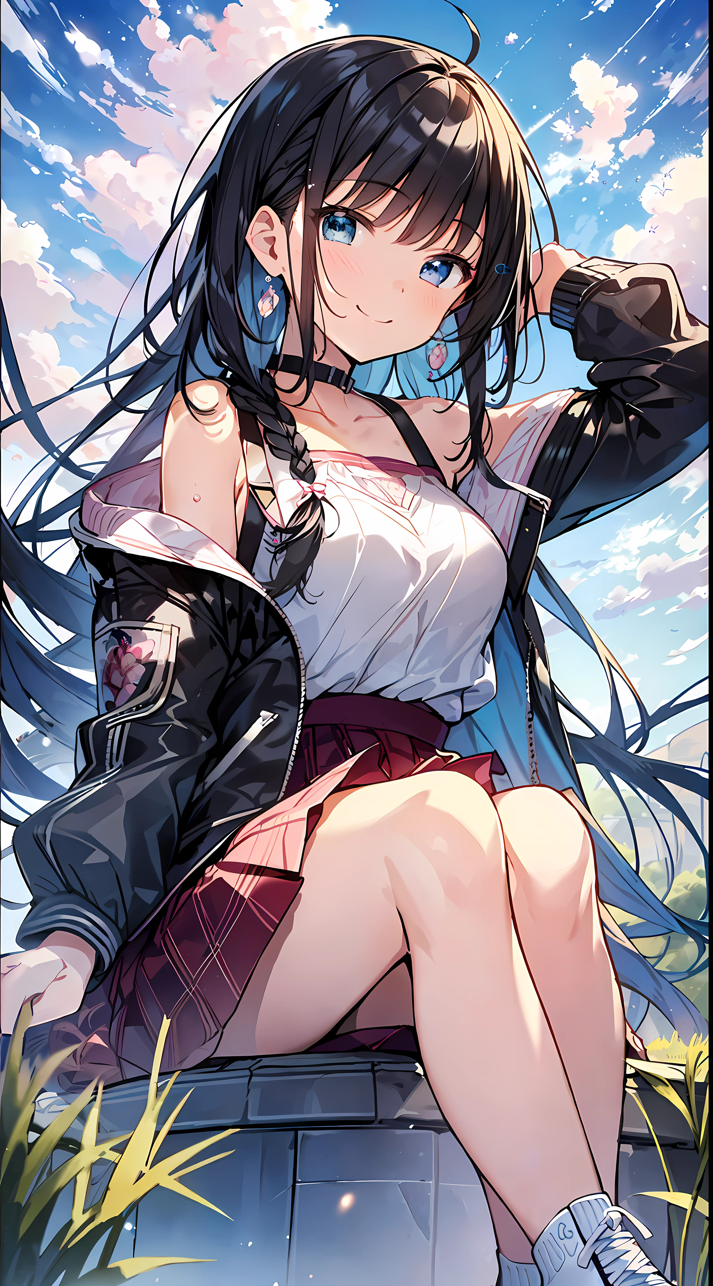 Top Quality, Masterpiece, Ultra High Definition, 8K, Summer Sky, Early Summer, (Flared Skirt, Jacket, Sneakers), Shojo Manga Style Loli, One, Soft Line Art, Digital Enhancement, Shojo Manga Touch, Shojo Manga Core, Flowing Fabric, Close Up, (Hair length to shoulders and short braid)), Wet hair, Soft drawing, Beautiful black hair, Clear eyes, (((teasing smile)) , Ultra-detailed digital anime art, clear face depiction, ultra-detailed shoujo manga character art, clear facial features, ultra-detailed manga style, top quality colors, hand gestures, landscape with nature, looking up at the sky, foot-up angle