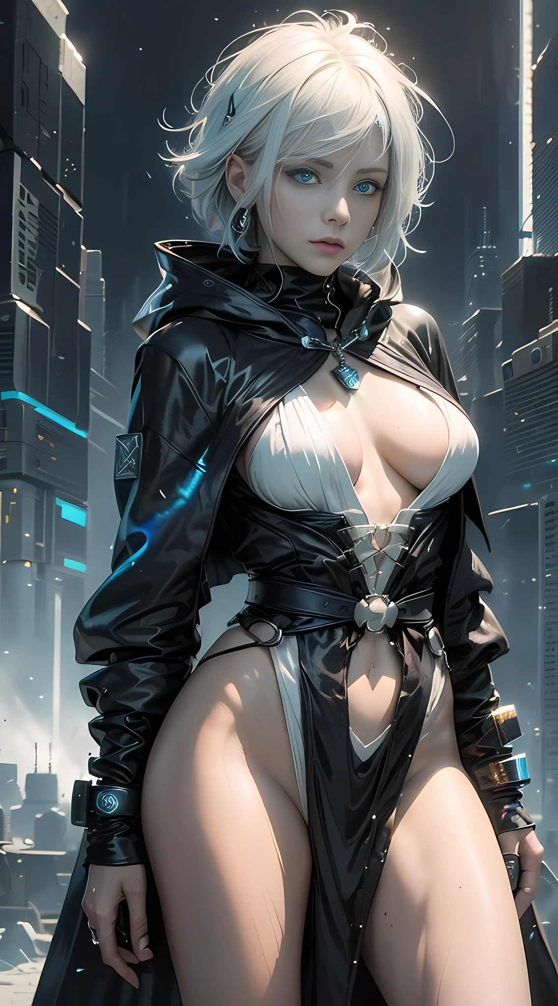 cyberpunk girl, fantasy world, dark background, clean design, epic Instagram, artstation, colorful paint splash, silhouette, ultra-detailed intricate details, Unreal engine, fantasy, complex details, splash screen, complementary colors, fantasy concept art, 8k resolution, deviantart masterpiece, oil painting, heavy stroke, paint dripping, (isolated on white background: 1.3), rainbow skin, (((handsome young man))), (( age:1.5)), (glowing blue eyes), ((eyes with light)), (((short white hair: 1.1))), ((black)), (princess \\(indifferent expression\\), (((wearing high-detail luxury black robe))), white hair, (abs) (large pectoral muscles)