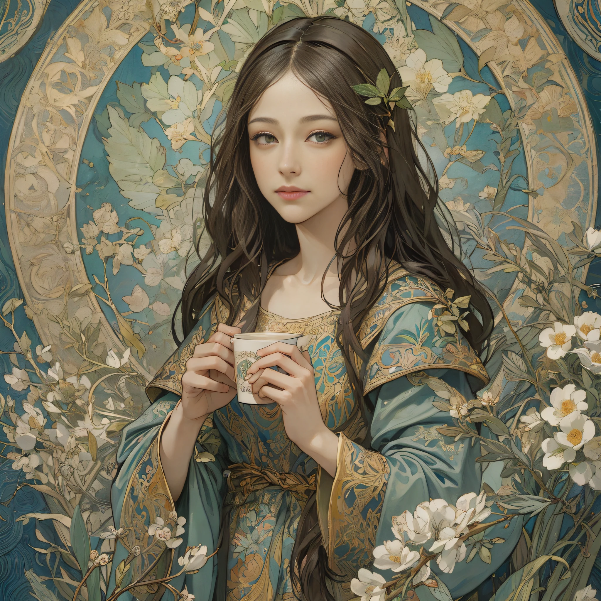 {{masterpiece, best quality, extremely detailed CG, unity 8k wallpaper, cinematic lighting}}. Please paint a picture of Mona Lisa enjoying coffee at Starbucks with a touch of Mucha's (Art Nouveau) style.