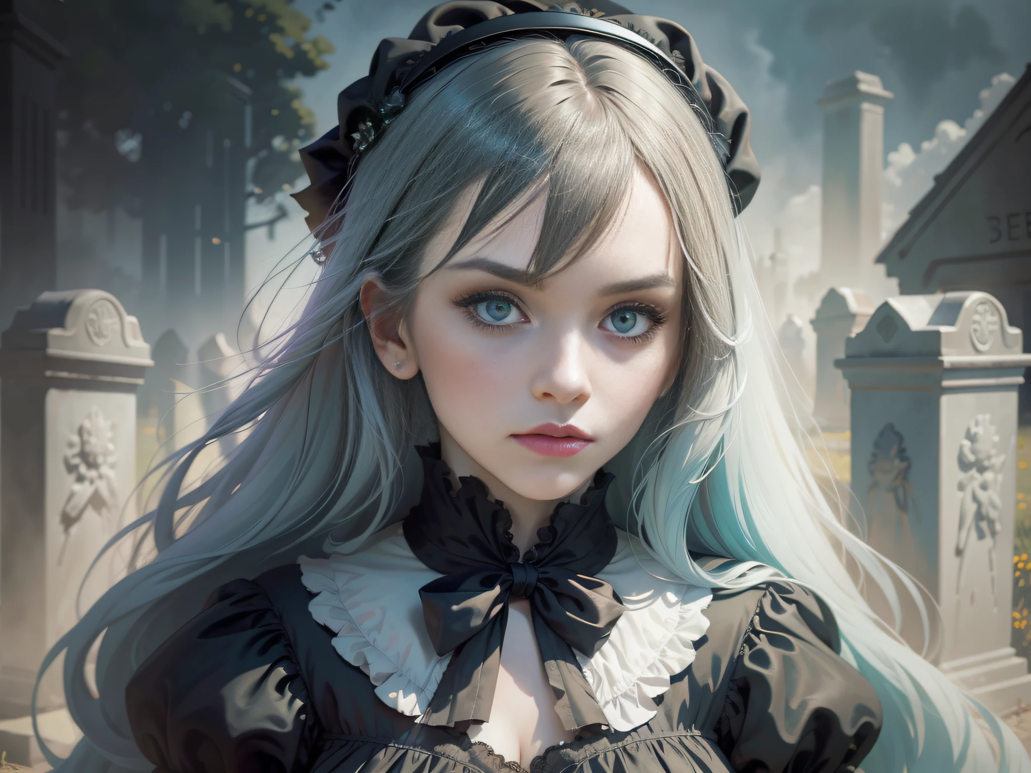 1girl, solo, , long hair, wind blown, lips, bangs, dress, shirt, , long sleeves, pale skin, gothic makeup, Victorian era realistic face, watercolor painting, negative space, scary, cemetery, spirits, ghosts, WLOP style, mucha fujifilm overcomes, kodak door, kodak ektar, kodachrome, cyan tom