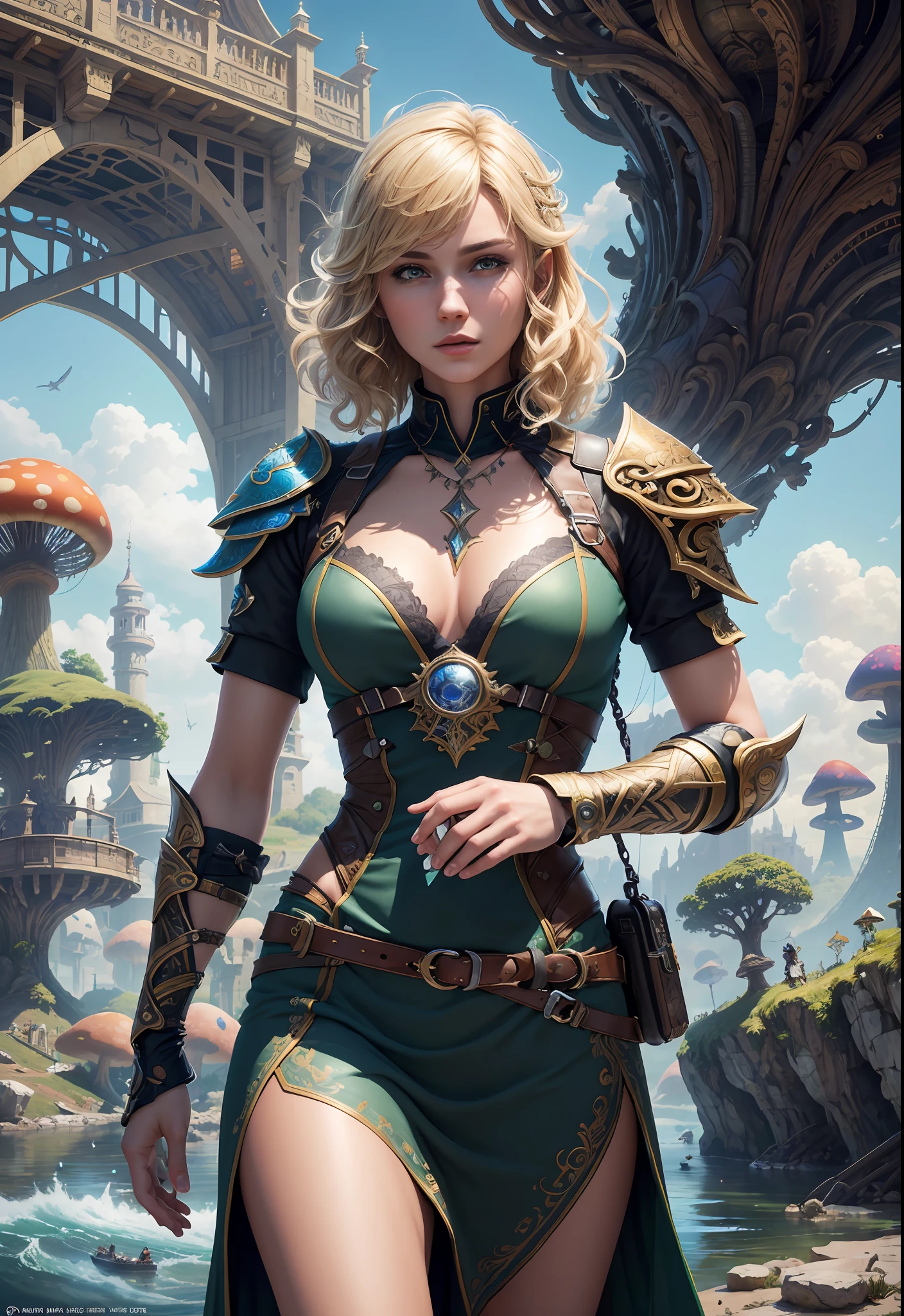 (((Multiplayer, Man and Woman))), Best Quality, Realistic, Realistic, Award-Winning Illustrations, (Intricate Details: 1.2), (Fine Details), (Intricate Details), (Cinematic Light, Best Quality Backlight), Clear Lines, Sharp Focus, Official Art, Unity 8k Wallpaper, Ridiculous, Incredibly Ridiculous, Fantasy Art, RTX, ((Award-winning Triangle Studio Close-up Photo)), 1 Boy, (Shut Up), Best Quality, 4K, beautiful mysterious creatures, blond male, flying, surrealism, masterpiece of NCWINTERS, masterpiece in mysterious country town, masterpiece, intricate details, ff14style, urban painting, bridge, river, giant mushroom, landscape, bright colors,