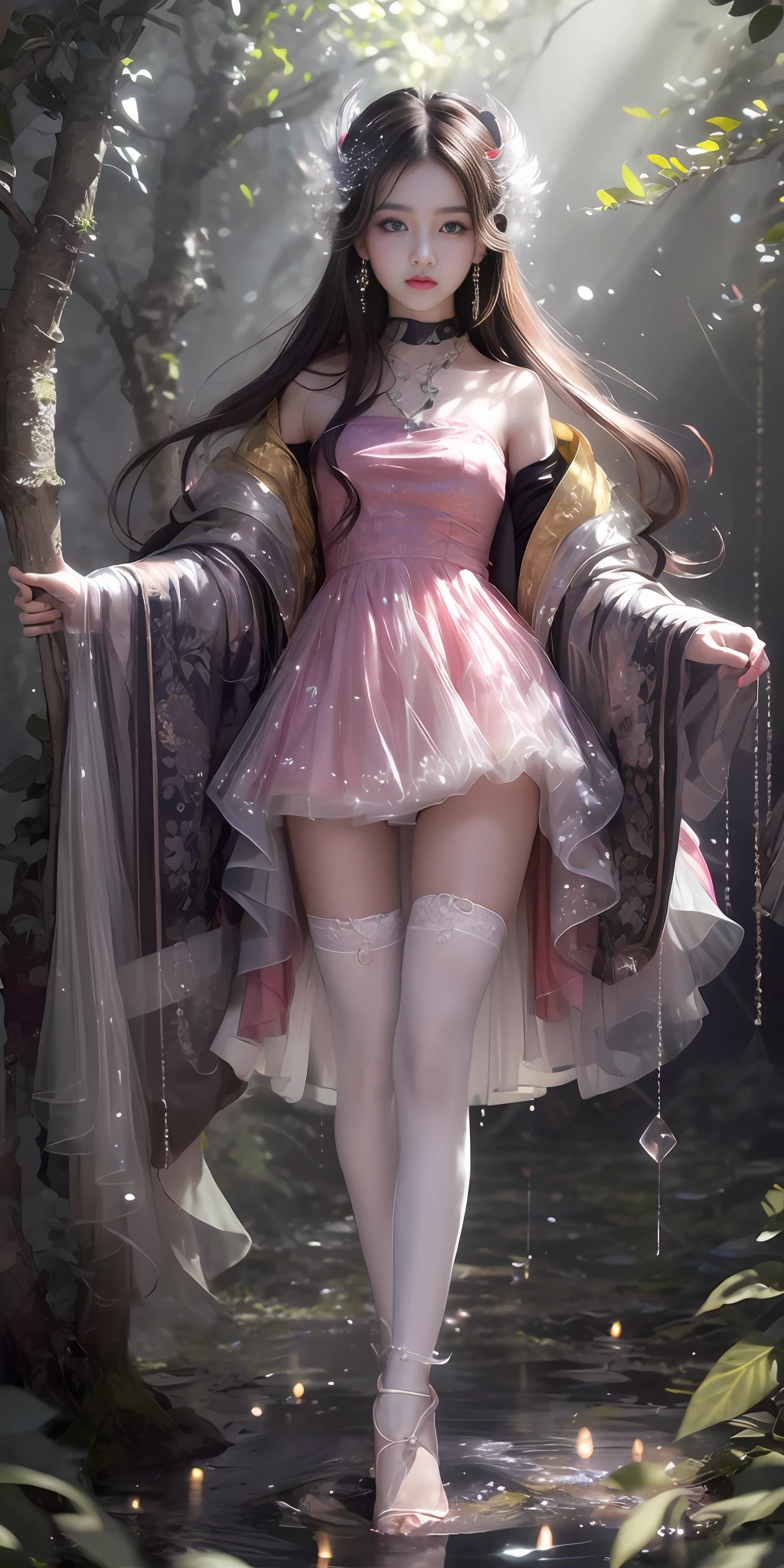 (best quality, masterpiece, high resolution, glow, flood, lens glare, wide angle), sunlight, full body, 1 [Chinese|Russian|Japanese|Korean] girl, ((plum red:1.1) clothes), necklace, jewelry, long hair, earrings, super delicate face, beautiful face, full face blush, (perfect eyes) and ( long eyelashes: 1.4), glowing pupils, (white stockings: 0.9), realism, (high detail skin: 1.2), 8k ultra hd, DSLR, high quality, volumetric lighting, frank, high resolution, 4K, 8K, background bokeh, dream forest, radiant garlic, feather drop effect, morning, foreground, f/16