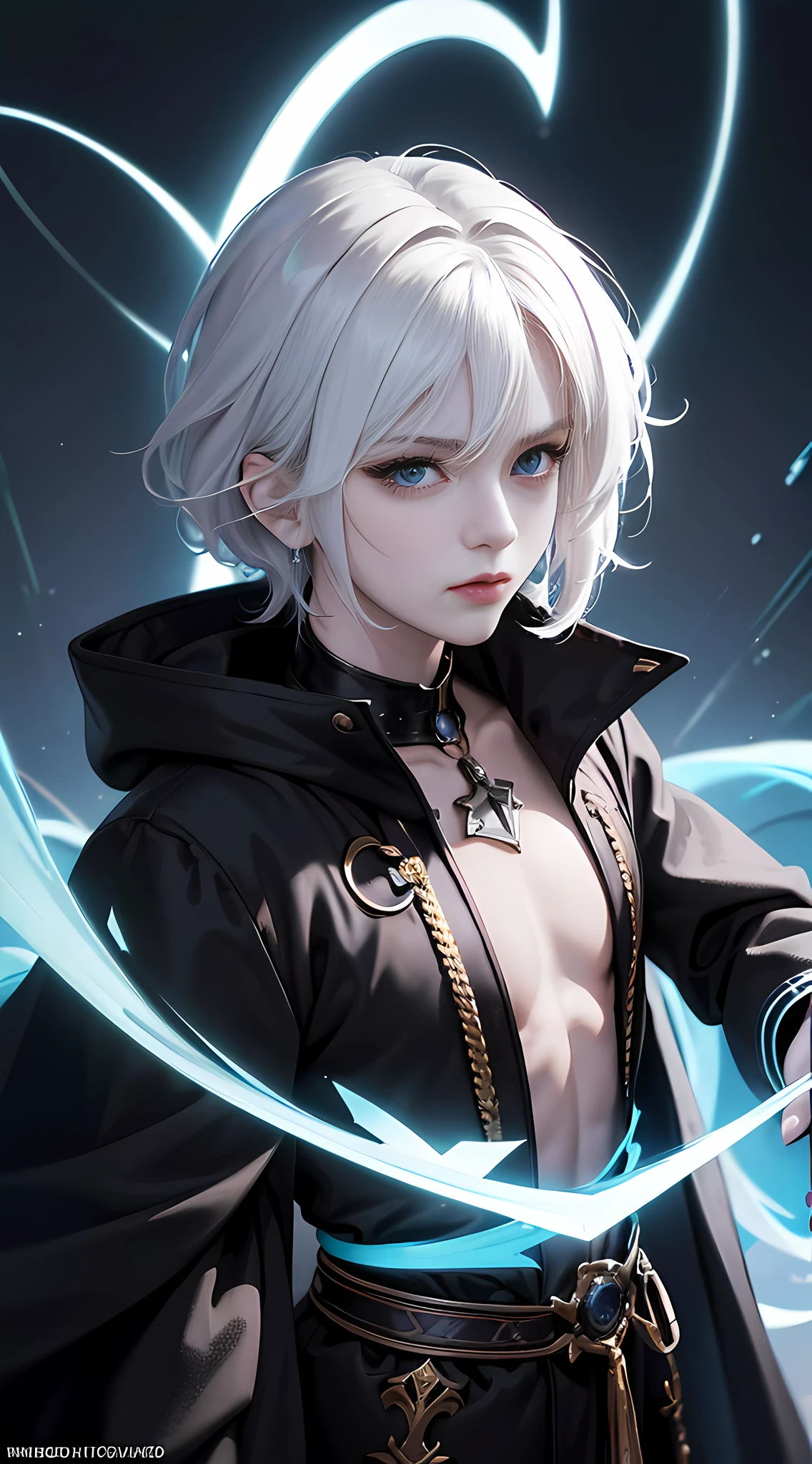 cyberpunk girl, fantasy world, dark background, clean design, epic Instagram, artstation, colorful paint splash, silhouette, ultra-detailed intricate details, Unreal engine, fantasy, complex details, splash screen, complementary colors, fantasy concept art, 8k resolution, deviantart masterpiece, oil painting, heavy stroke, paint dripping, (isolated on white background: 1.3), rainbow skin, (((handsome young man))), (( age:1.5)), (glowing blue eyes), ((eyes with light)), (((short white hair: 1.1))), ((black)), (princess \\(indifferent expression\\), (((wearing high-detail luxury black robe))), white hair, (abs) (large pectoral muscles) (appropriate posture)