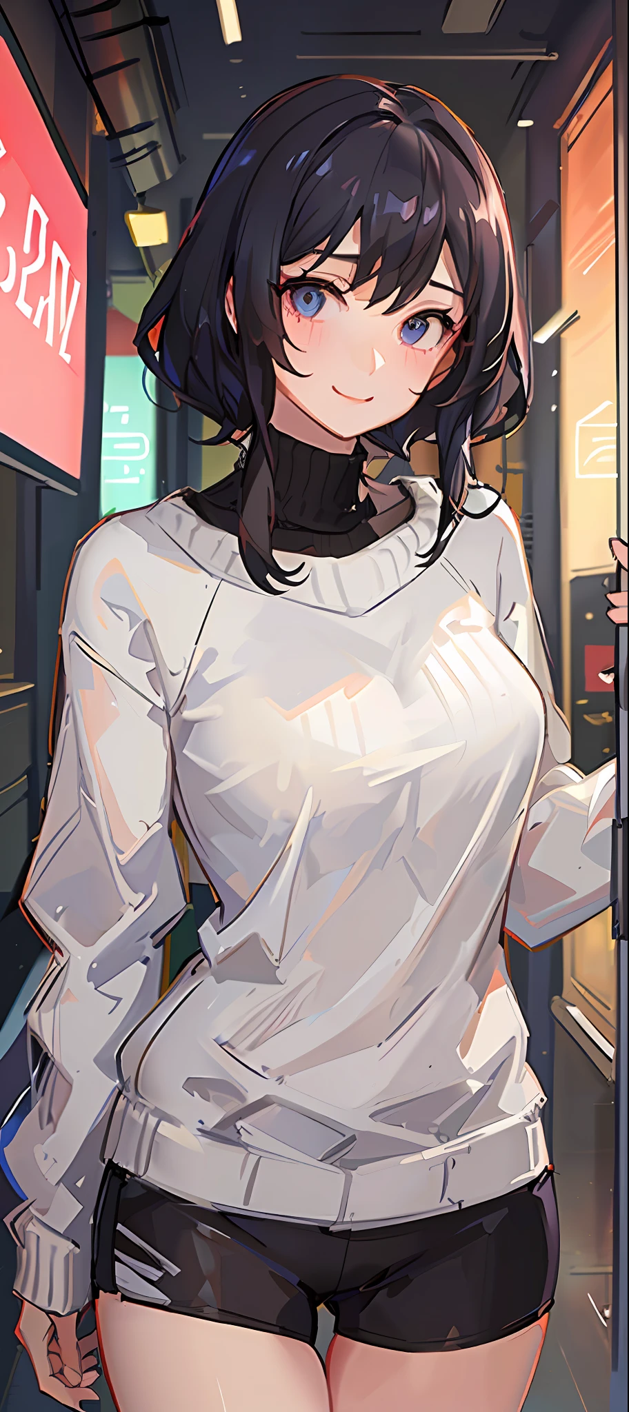Black hair beauty in dark alley, sweater, vicious smile, sexy mature, blushing excited and shy, 2d rendering