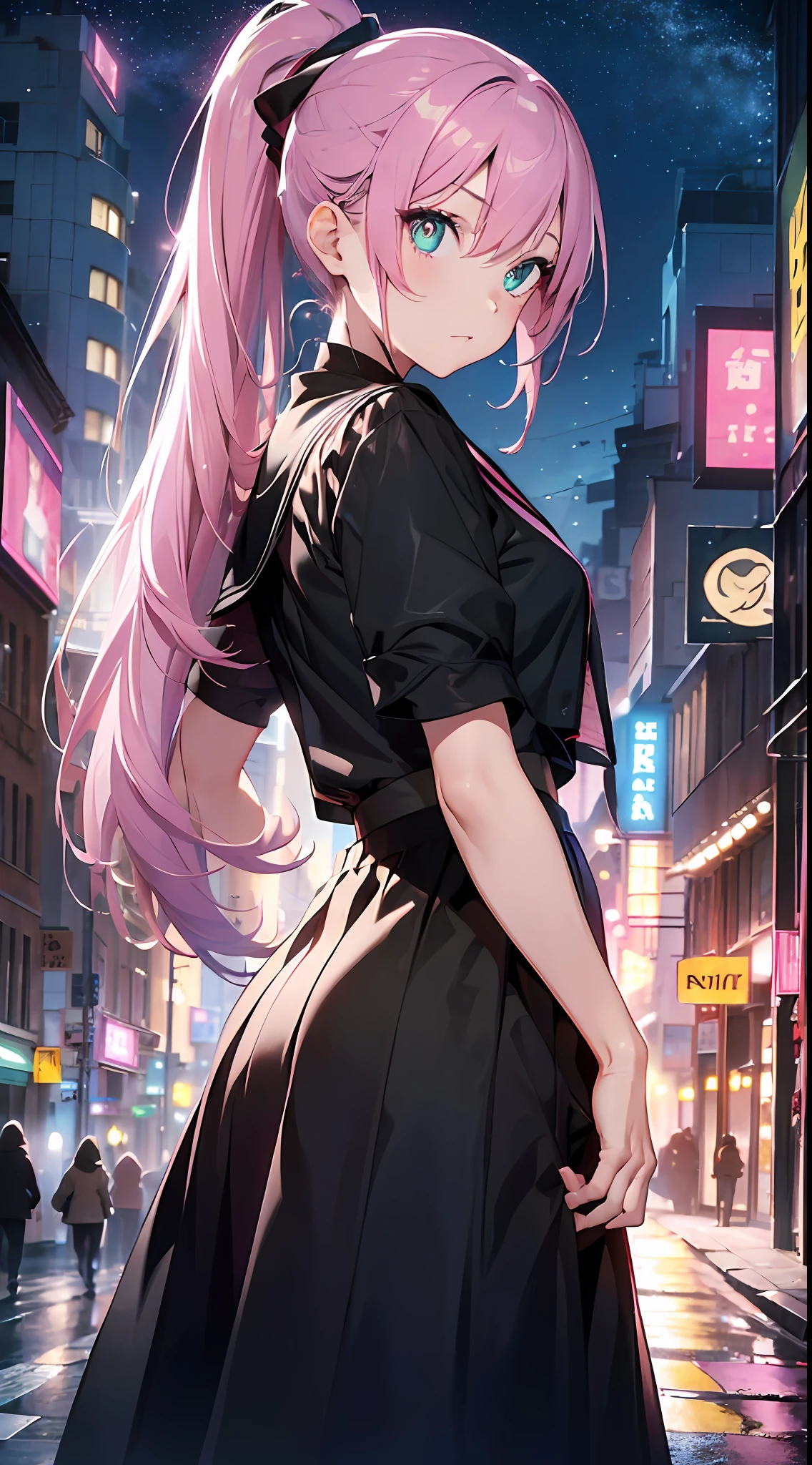 ((Long Long Skirt)) with arms crossed (wearing a black textile mask). (((Masterpiece))), (Ultra detailed, top quality, high resolution, 8k wallpapers, beautiful clothes), seen from the side (One girl) (pink hair, long hair, straight hair, ponytail)) ((green eyes)), eyeshadow, eyeliner, glowing eyes, ultra-detailed eyes, complex eyes, beautiful eyes, (glowing pink pupils)) 18 years old. Black sailor suit. Tasukikake. Get angry. Glare. Park at night. scooter