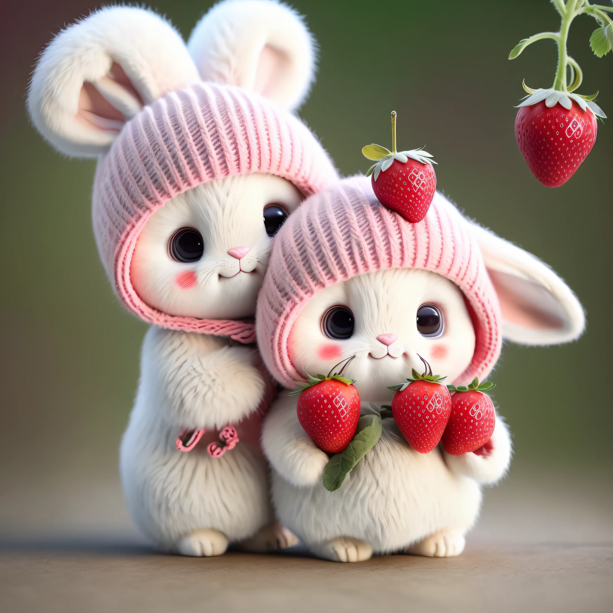 : 3. bunny, realistic, furry animal, apple, black eye, blush, cherry, food, fruit, full body, hat, non-human, strawberry, tomato, watermelon