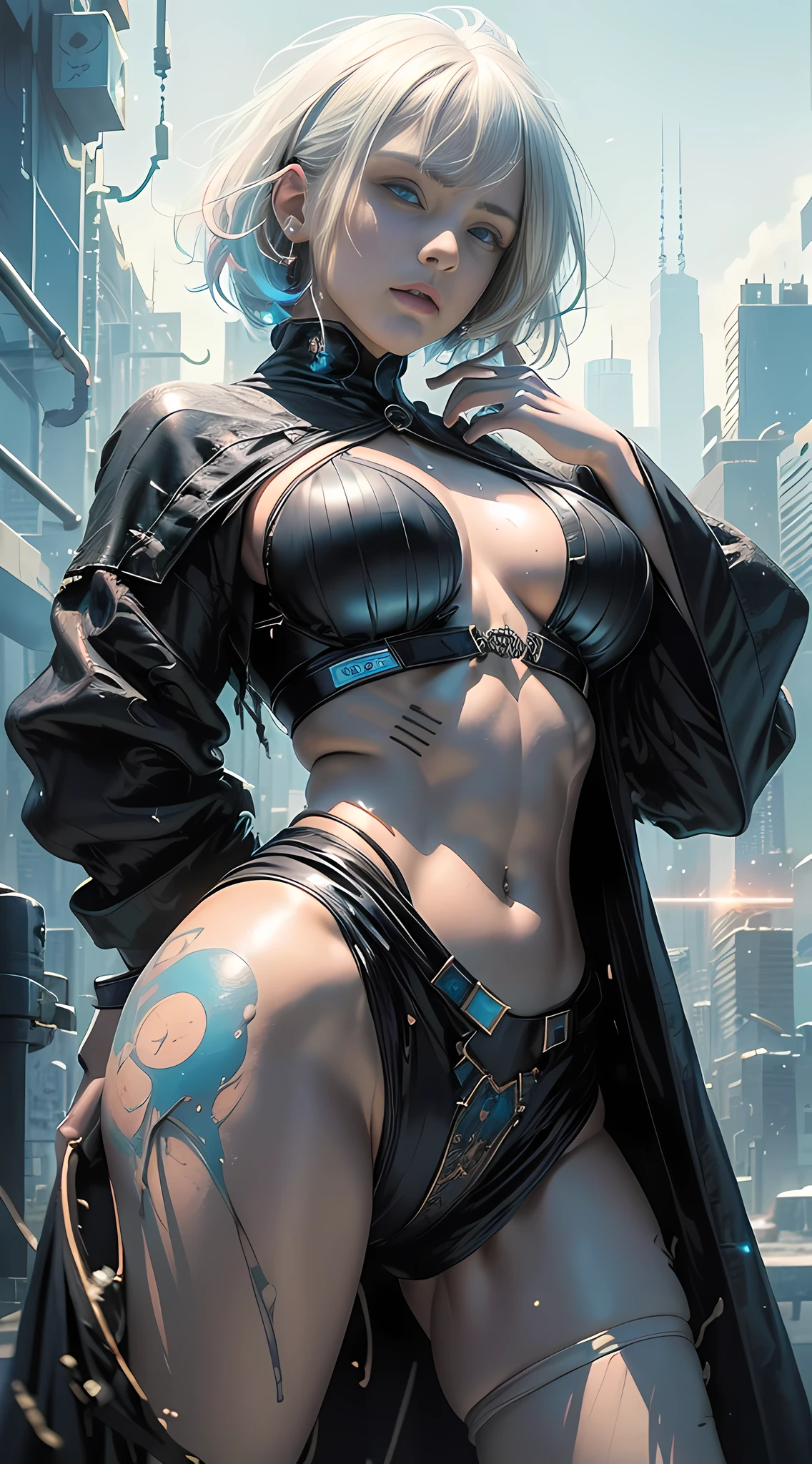 cyberpunk girl, fantasy world, dark background, clean design, epic Instagram, artstation, colorful paint splash, silhouette, ultra-detailed intricate details, Unreal engine, fantasy, complex details, splash screen, complementary colors, fantasy concept art, 8k resolution, deviantart masterpiece, oil painting, heavy stroke, paint dripping, (isolated on white background: 1.3), rainbow skin, (((handsome young man))), (( teenage:1.5)), (glowing blue eyes), ((eyes with light)), (((short white hair: 1.1))), ((black)), (princess \\(indifferent expression\\), (((wearing high-detail luxury black robe))), white hair, (abs) (large pectoral muscles) (appropriate posture)