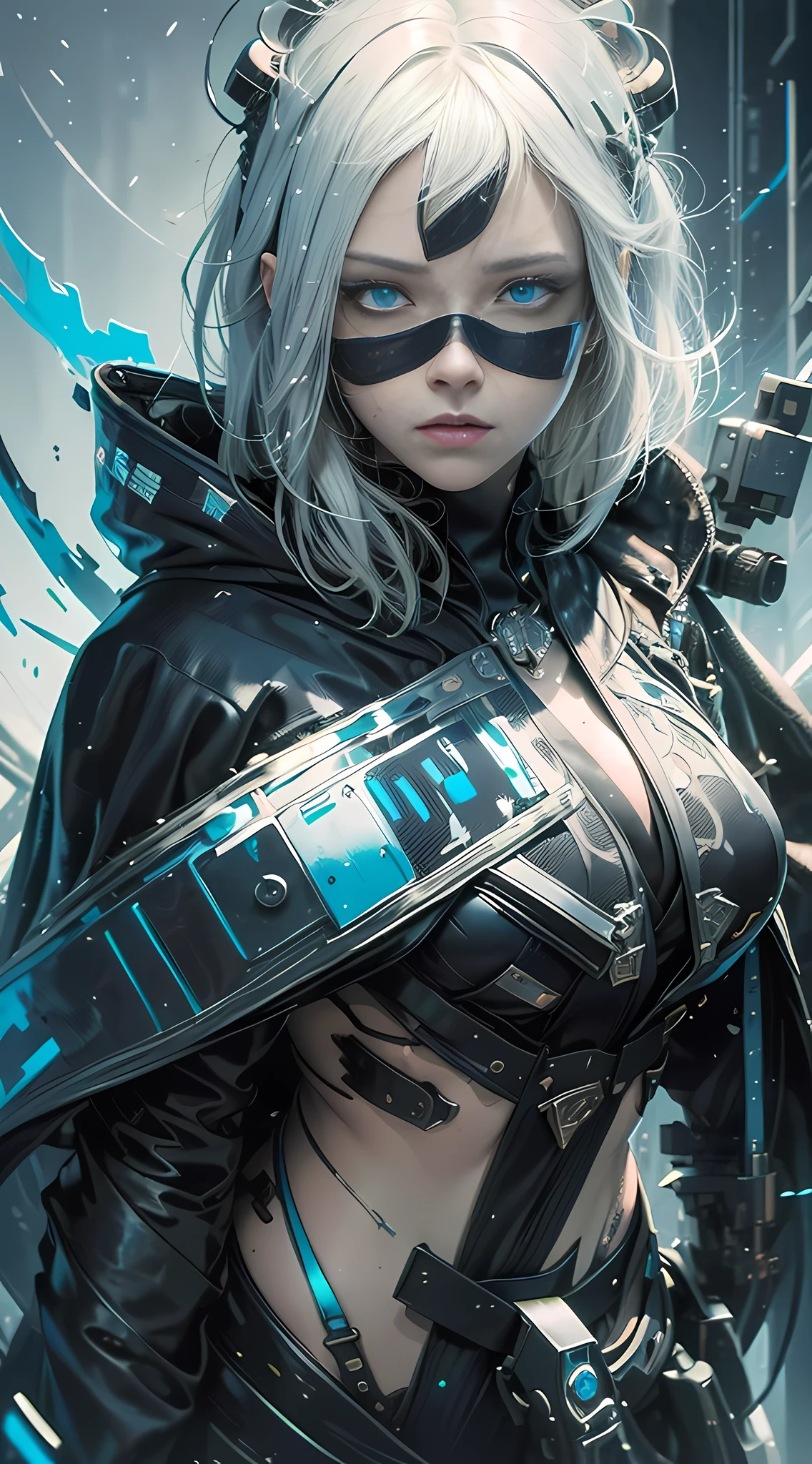 cyberpunk girl, fantasy world, dark background, clean design, epic Instagram, artstation, colorful paint splash, silhouette, ultra-detailed intricate details, Unreal engine, fantasy, complex details, splash screen, complementary colors, fantasy concept art, 8k resolution, deviantart masterpiece, oil painting, heavy stroke, paint dripping, (isolated on white background: 1.3), rainbow skin, (((handsome young man))), (( teenage:1.5)), (glowing blue eyes), ((eyes with light)), (((short white hair: 1.1))), ((black)), (princess \\(indifferent expression\\), (((wearing high-detail luxury black robe))), white hair, (abs) (large pectoral muscles) (appropriate posture)