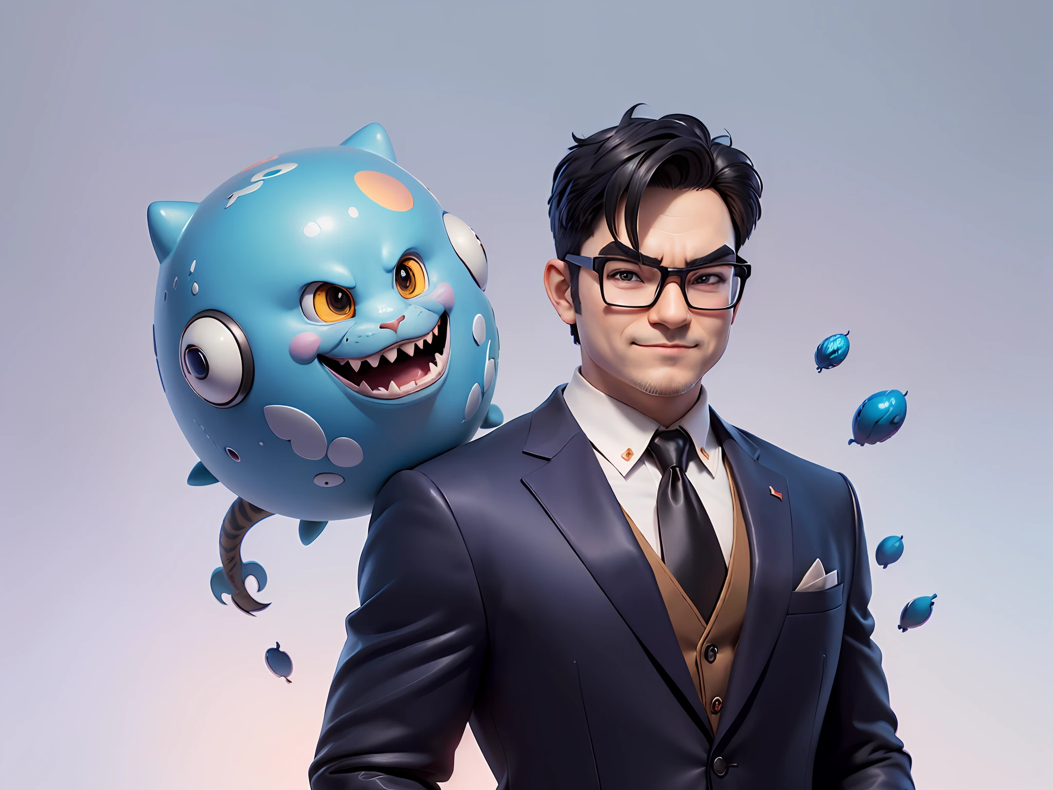 (((Masterpiece), (Excellent), (Super Meticulous), (Full Body: 1.2), Super Young Man, Oriental Face, Japanese Wind and Thunder God, Dragon, Tiger, TV Anchor, Bust Portrait Illustration, Alone, Black Formal Suit, Blue Tie, Slightly Chubby Face, Silver Glasses Face Very Clean No Beard, Black Super Short Hair, Black Eyes, Confident Smile, 3c Computer Sub-Products, iPad, iPhone, Digital Painting, 3D Character Design by Akira Toriyama and Mark Claireden and Pixar and Hayao Miyazaki, The illustration is a high-definition illustration in 4K resolution with very detailed facial features and cartoon-style visuals.