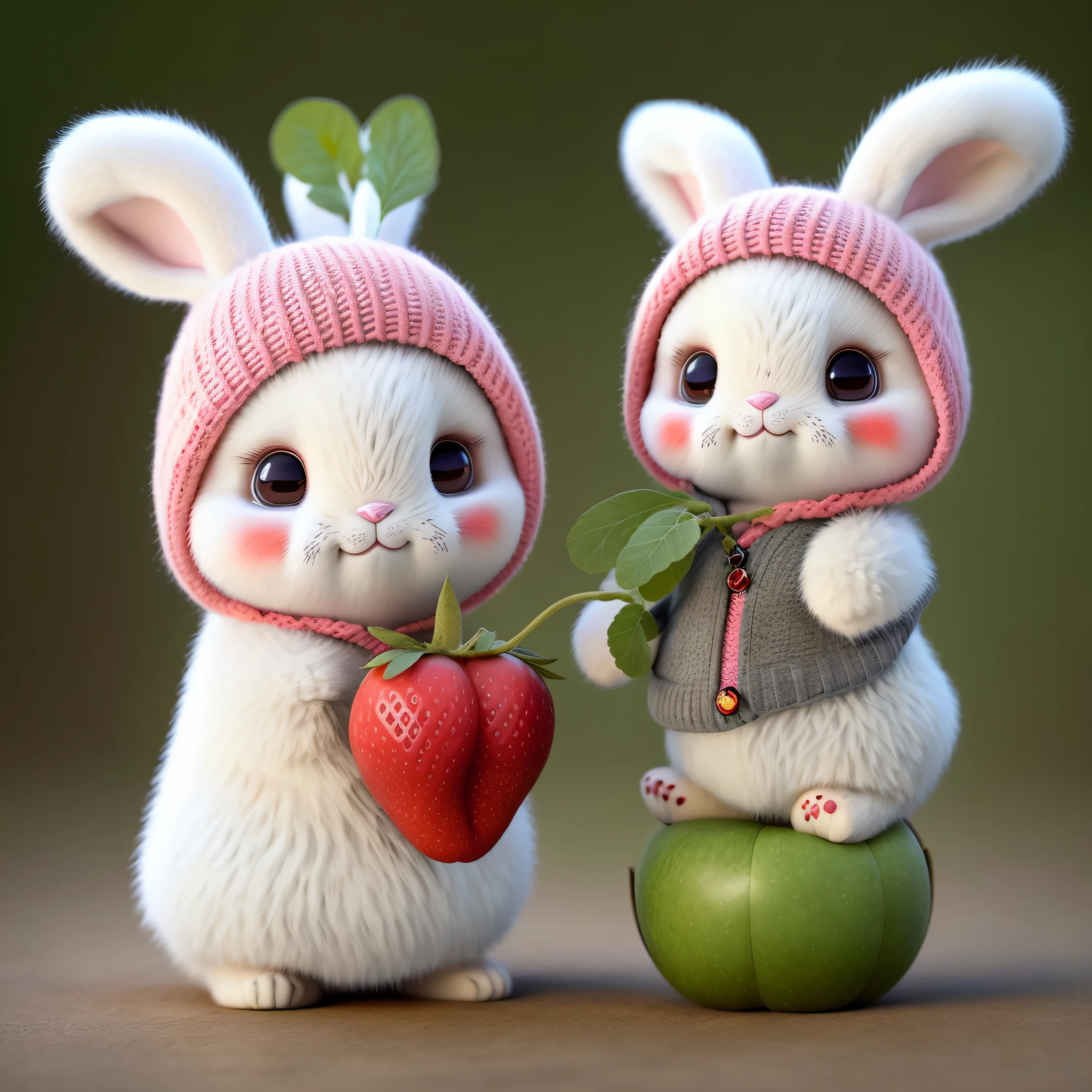 : 3. bunny, realistic, furry animal, apple, black eye, blush, cherry, food, fruit, full body, hat, non-human, strawberry, tomato, watermelon