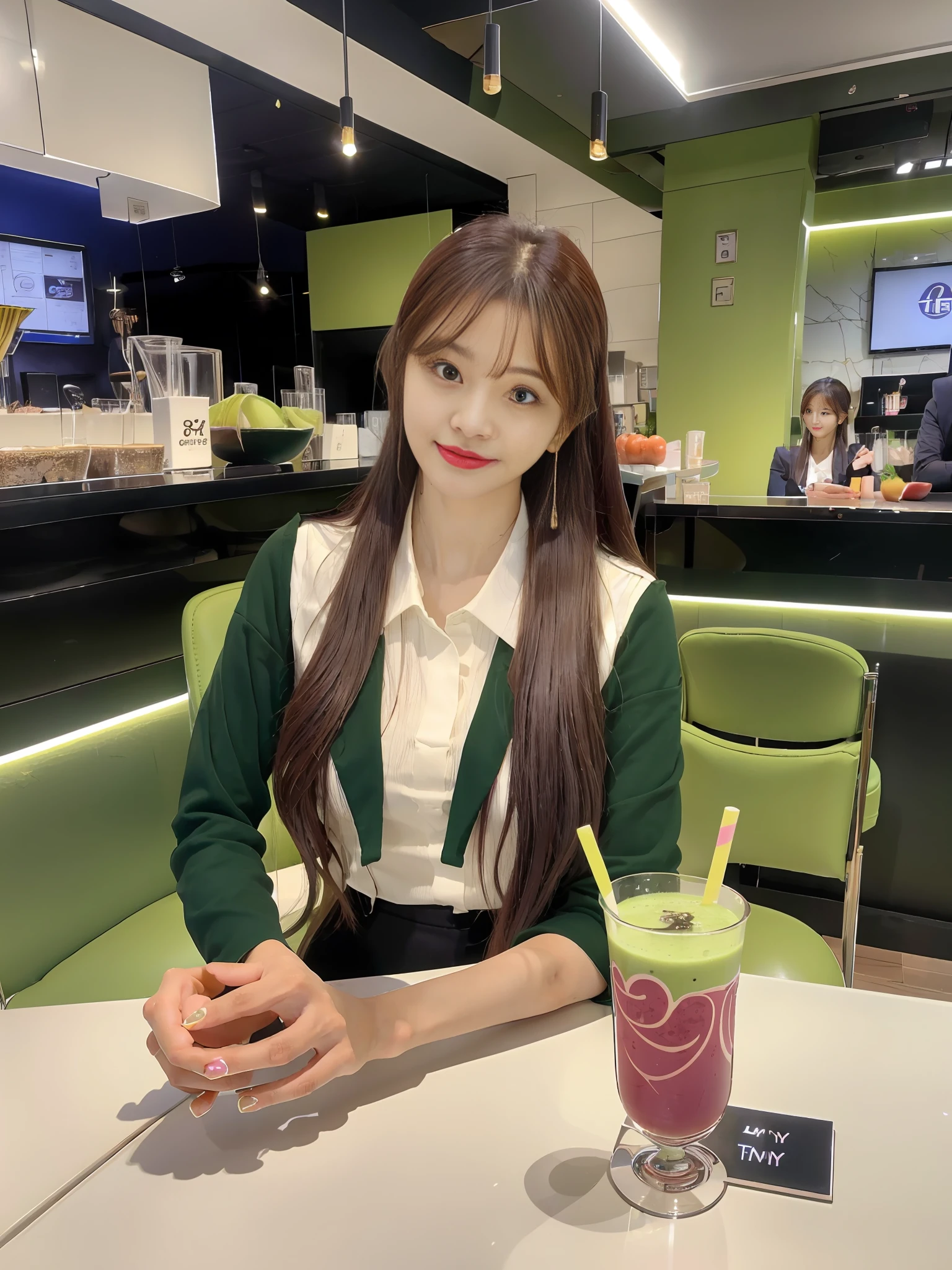 woman sitting at a table holding a cup of green smoothie, heonhwa choe, sun yunjoo, jinyoung shin, bae suzy, jaeyeon nam, lee ji - eun, lee ji-eun, loputyn and matcha, park ji-min, 🍸🍋, shin min jeong, tzuyu from twice, drink, kim doyoung