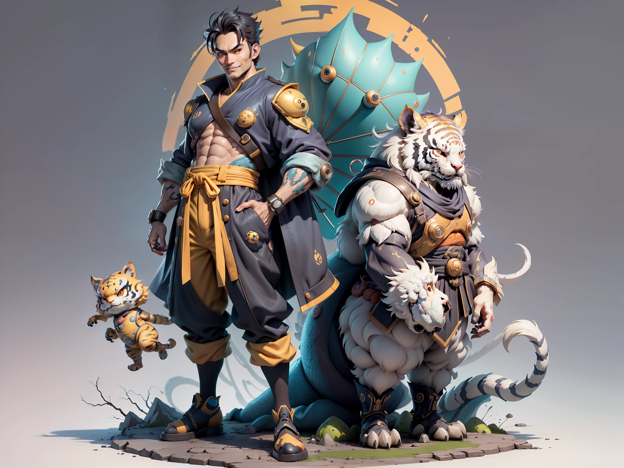 (Masterpiece), (Excellent), (Super Meticulous), (Full Body: 1.2), Super Young Man with Japanese Female Geisha, Beauty, Chinese Dragon, Tiger, Wind God Thor, Sexy, Bursting, Oriental Face, TV Anchor, Bust Portrait Illustration, Black Suit, Blue Tie, Slightly Chubby, Very Clean Face, No Beard, Black Super Short Hair, Black Eyes, Confident Smile, 3c Computer Sub-Products, iPad, iPhone, Digital Painting, 3D Character Design by Mark Claireden and Pixar and Hayao Miyazaki and Akira Toriyama, The illustration is a high-definition illustration in 4K resolution with very detailed facial features and cartoon-style visuals.