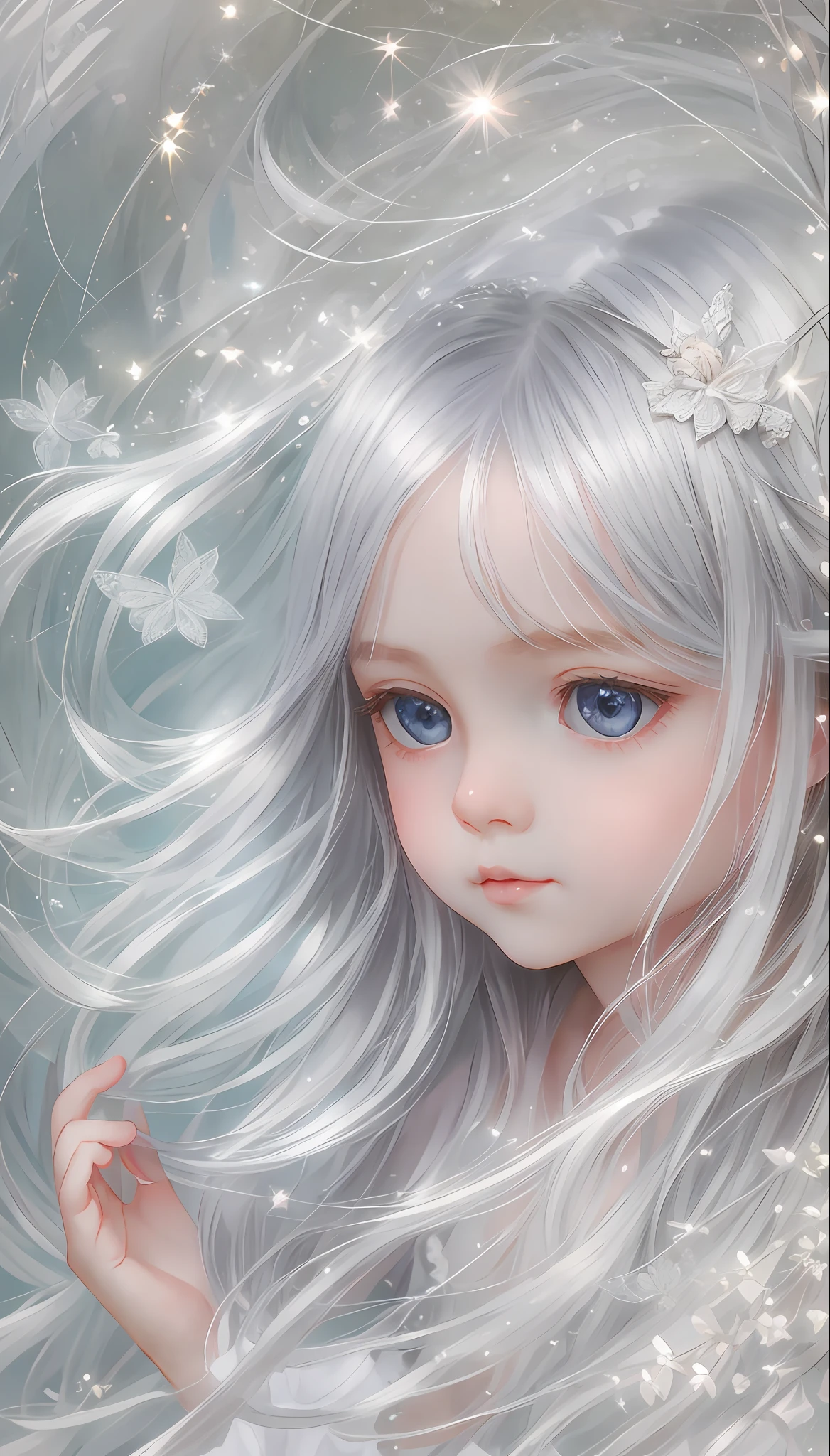 An ethereal and dreamy depiction of a beautiful Angel child, innocent ***********, big eyes full of life, silver hair girl, surrounded by a soft and gentle atmosphere that highlights his graceful and serene nature, halo, artstation, digital painting, trending