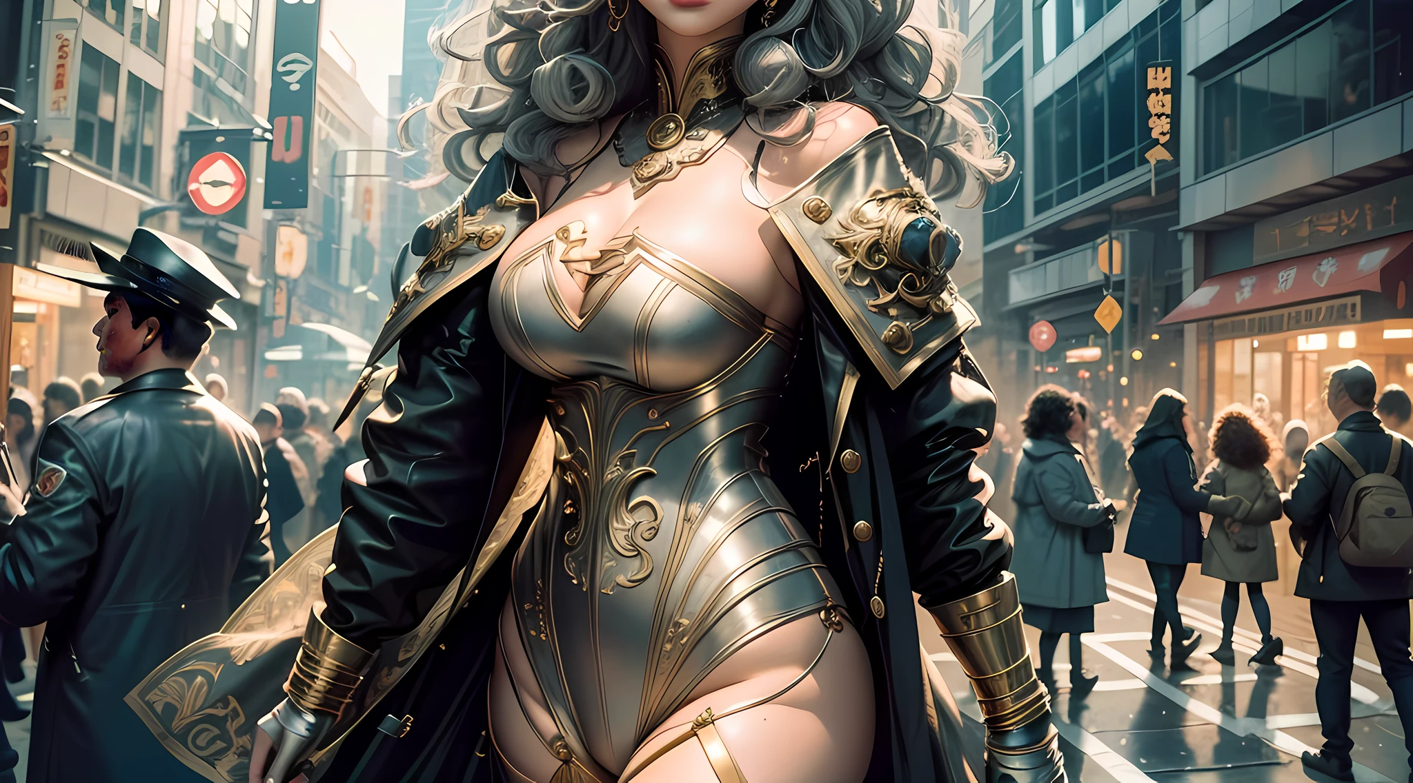 Very detailed CG unity 8k wallpaper, (masterpiece), (best quality), (super detailed), (ultra-realistic), (best character detail: 1.36), Nikon d750 f/1.4 55mm, dynamic angle, professional lighting, photon mapping, radiosity, physically based rendering, outdoor, busy street, looking at the audience, blushing, 1girl, mature woman, mature woman, tall body, golden ratio, (Kpop idol), (oil skin: 1.2), (oil skin:1.1), makeup,[:(high detailed face:1.2):0.2]:,PureErosFace_v1, ((curly gray hair and delicate style)), (aegyo sal:1), (puffy eyes), (eyelashes: 1.1), (lips: 1.1), red lipstick, broad shoulders, (mid-chest: 1.1), (cleavage: 1.1), animal ears, (big ass: 1.2), thighs, silk coat, song, Song Dynasty, Song Yi (appropriate posture)