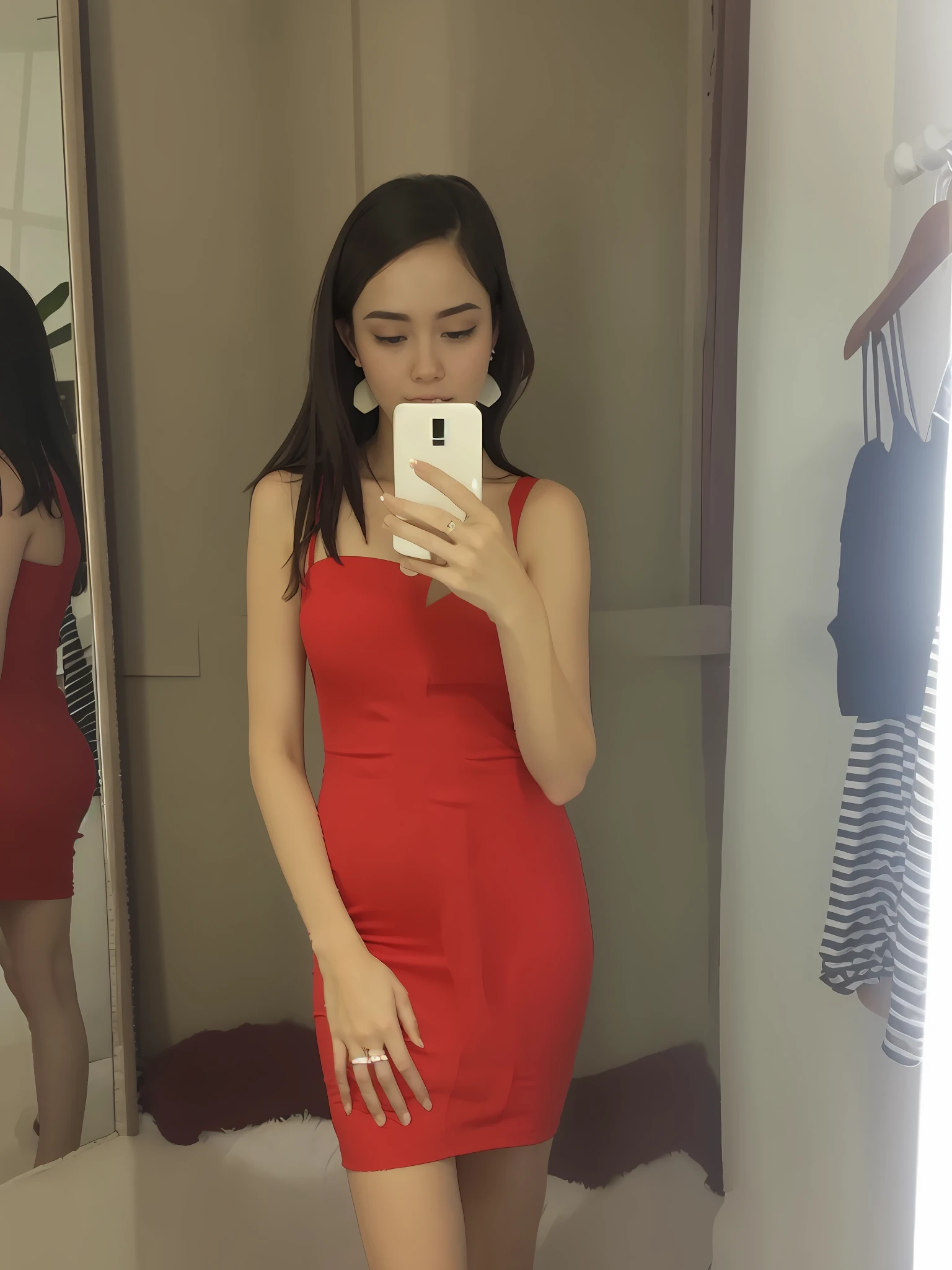 wearing red dress, mirror selfie in bedroom