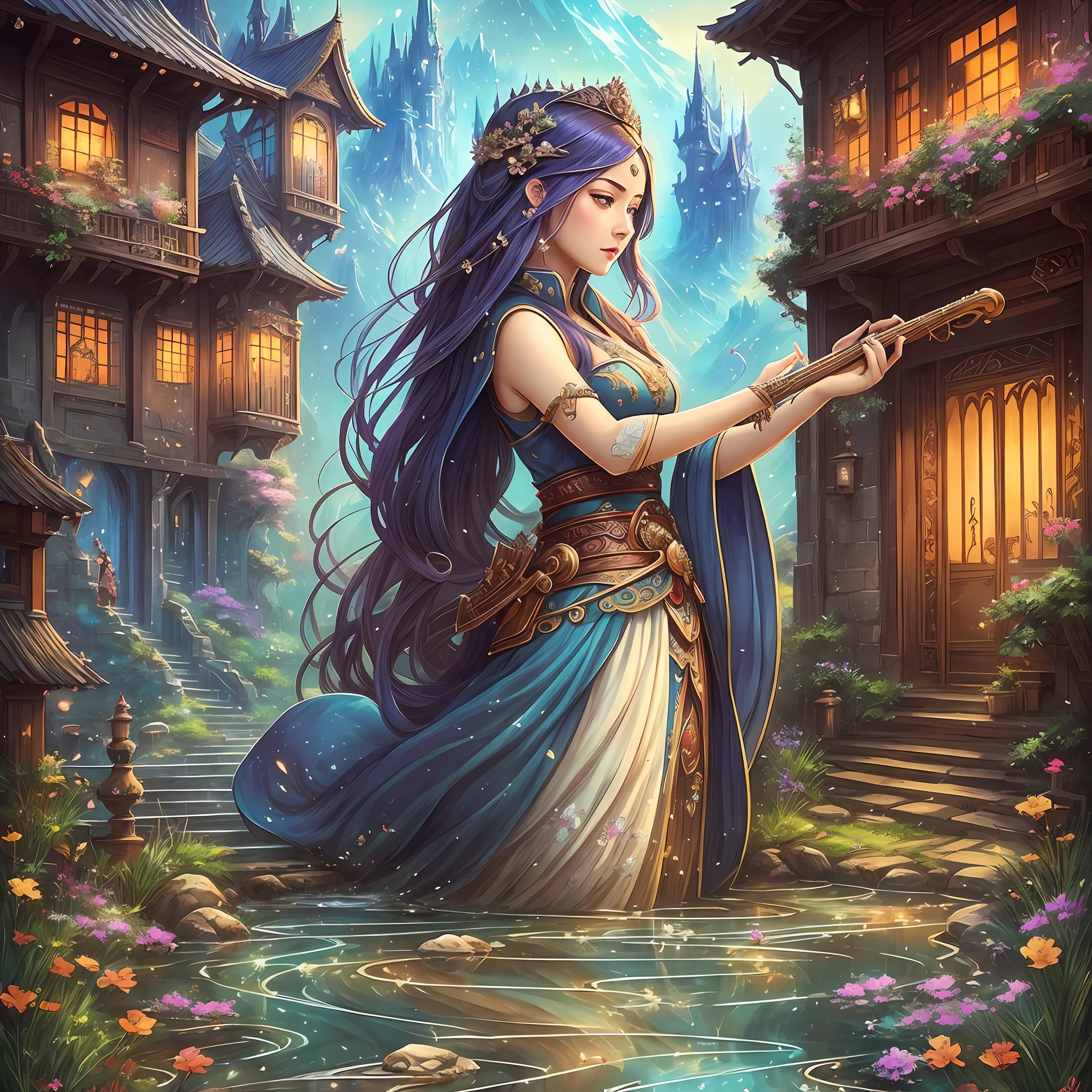 There is a woman in a dress standing outside, with a beautiful face and lush eyes, singing music, with a musical instrument, fantasy art style, Guweiz style art, beautiful fantasy maiden, ((a beautiful fantasy empress)), a beautiful fantasy empress, beautiful fantasy art portrait, fantasy style art, beautiful fantasy art, a creek in the background, and animals around --auto --s2